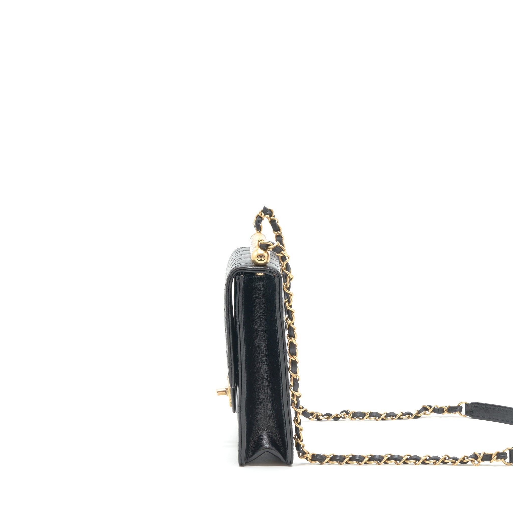 CHANEL LIMITATION PEARL FLAP BAG GOATSKIN BLACK GHW