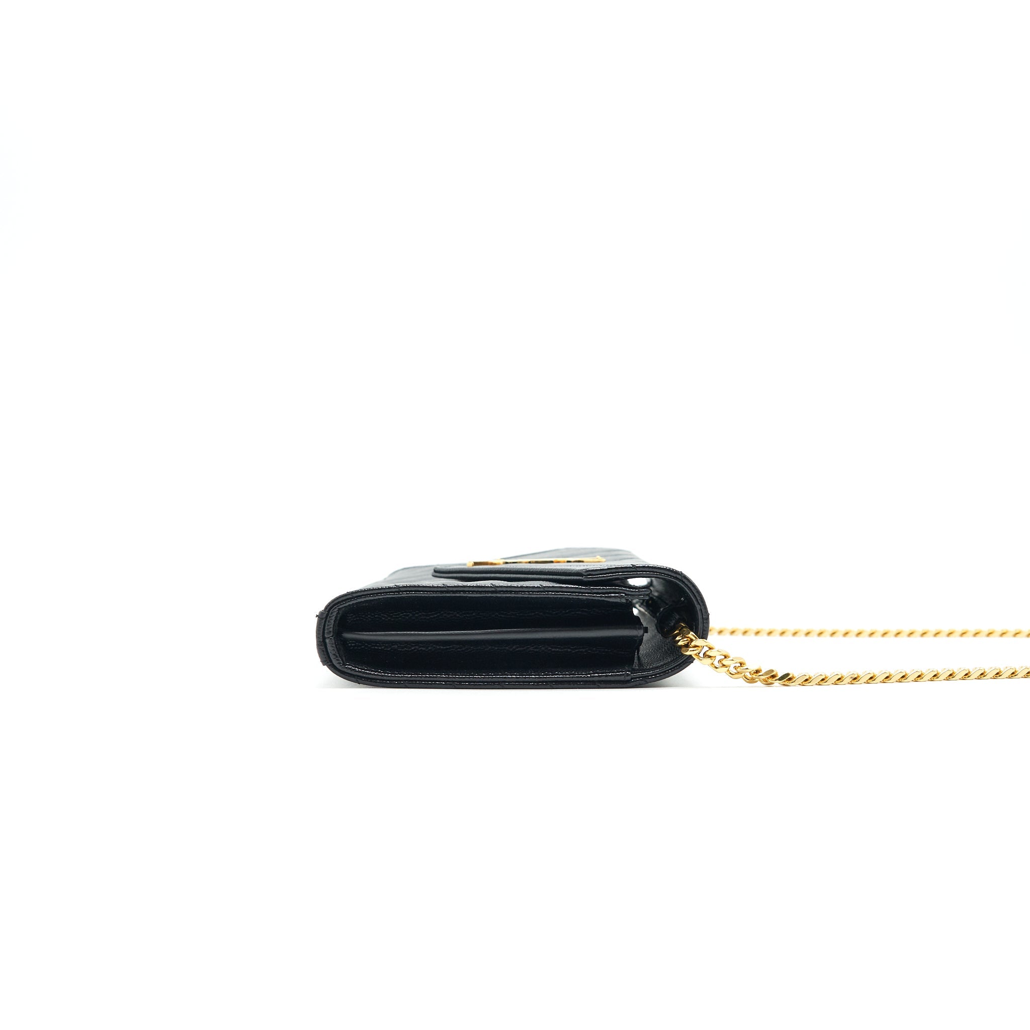 SAINT LAURENT MONOGRAM CHAIN WALLET IN GRAIN DE POUDRE EMBOSSED LEATHER IN BLACK
