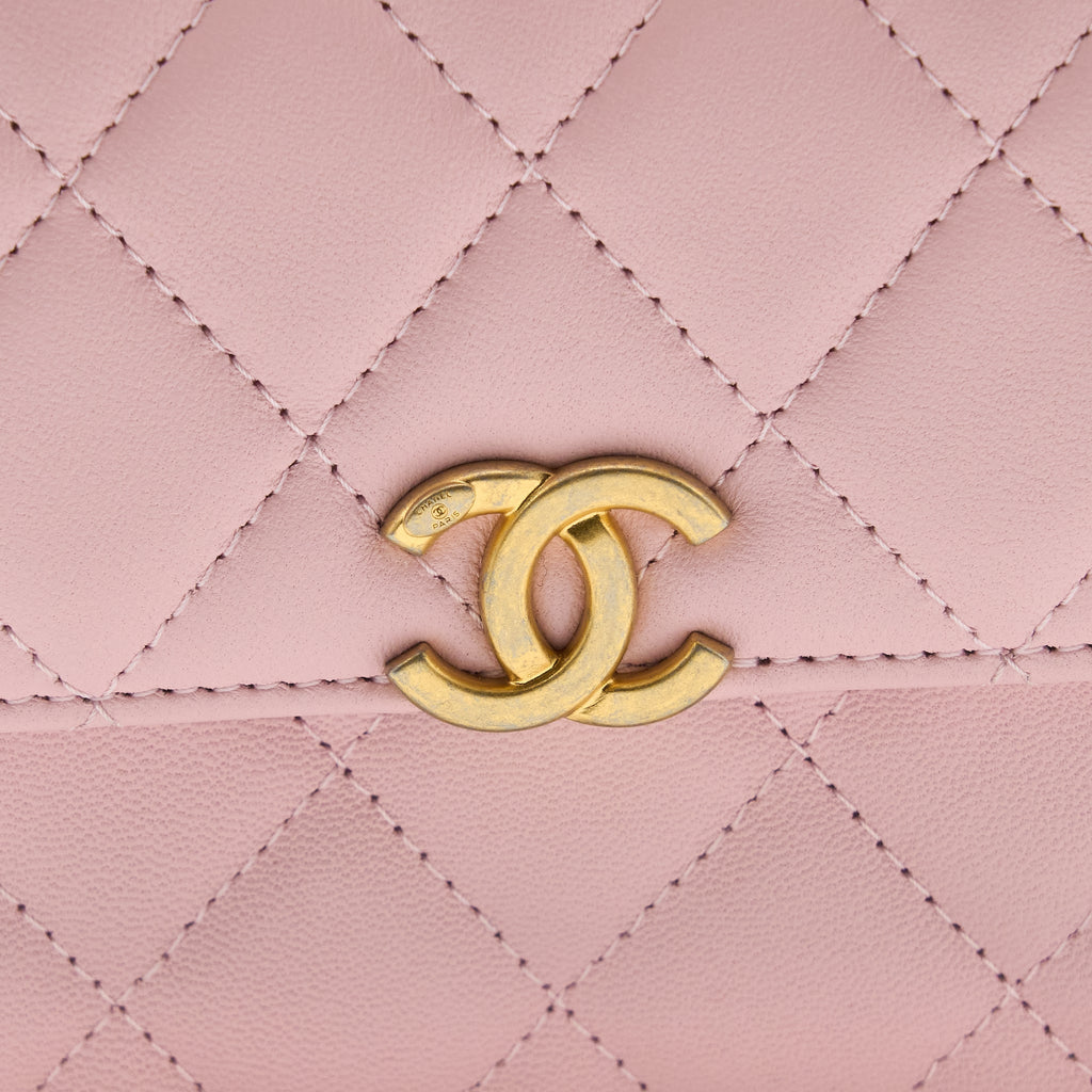 CHANEL 22B MINI FLAP BAG WITH ENAMEL TOP HANDLE LAMBSKIN PINK BRUSHED GHW