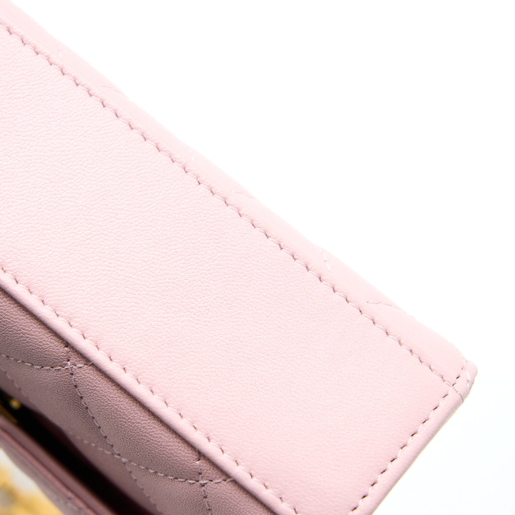 CHANEL 22B MINI FLAP BAG WITH ENAMEL TOP HANDLE LAMBSKIN PINK BRUSHED GHW