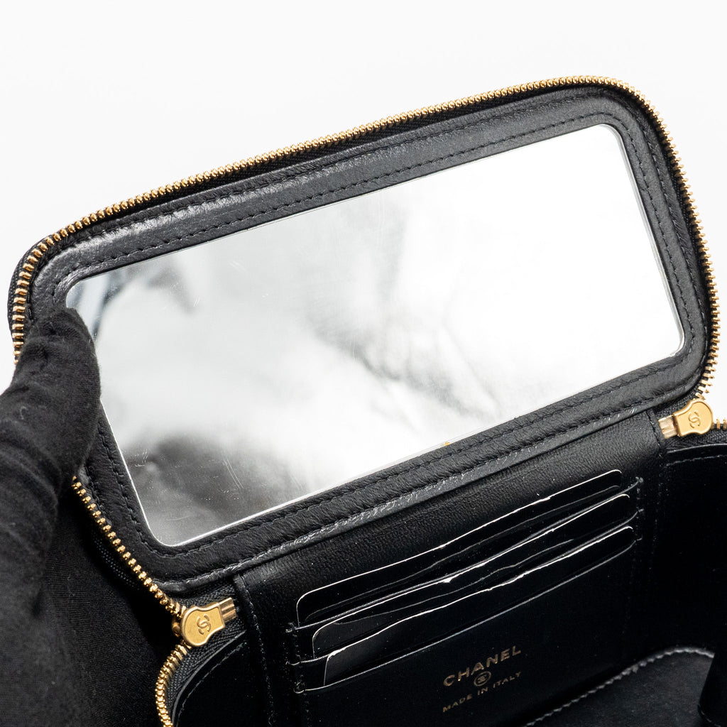 CHANEL LONG VANITY WITH COCO CHARM CHAIN LAMBSKIN BLACK GHW (MICROCHIP)
