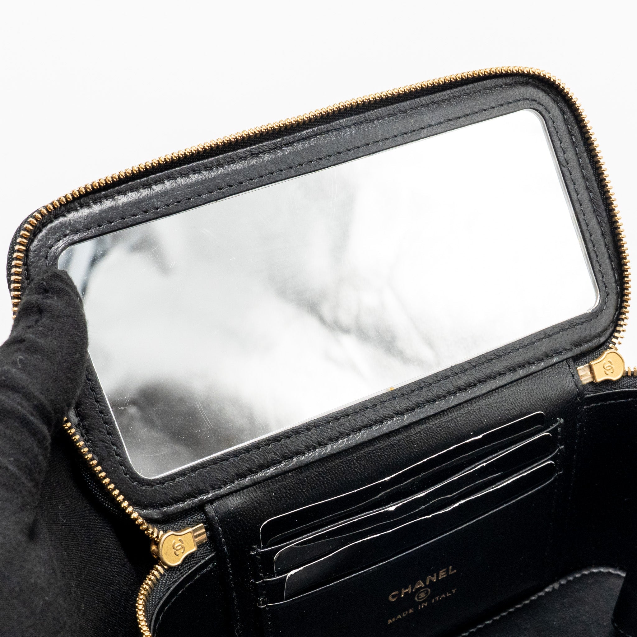 CHANEL LONG VANITY WITH COCO CHARM CHAIN LAMBSKIN BLACK GHW (MICROCHIP)