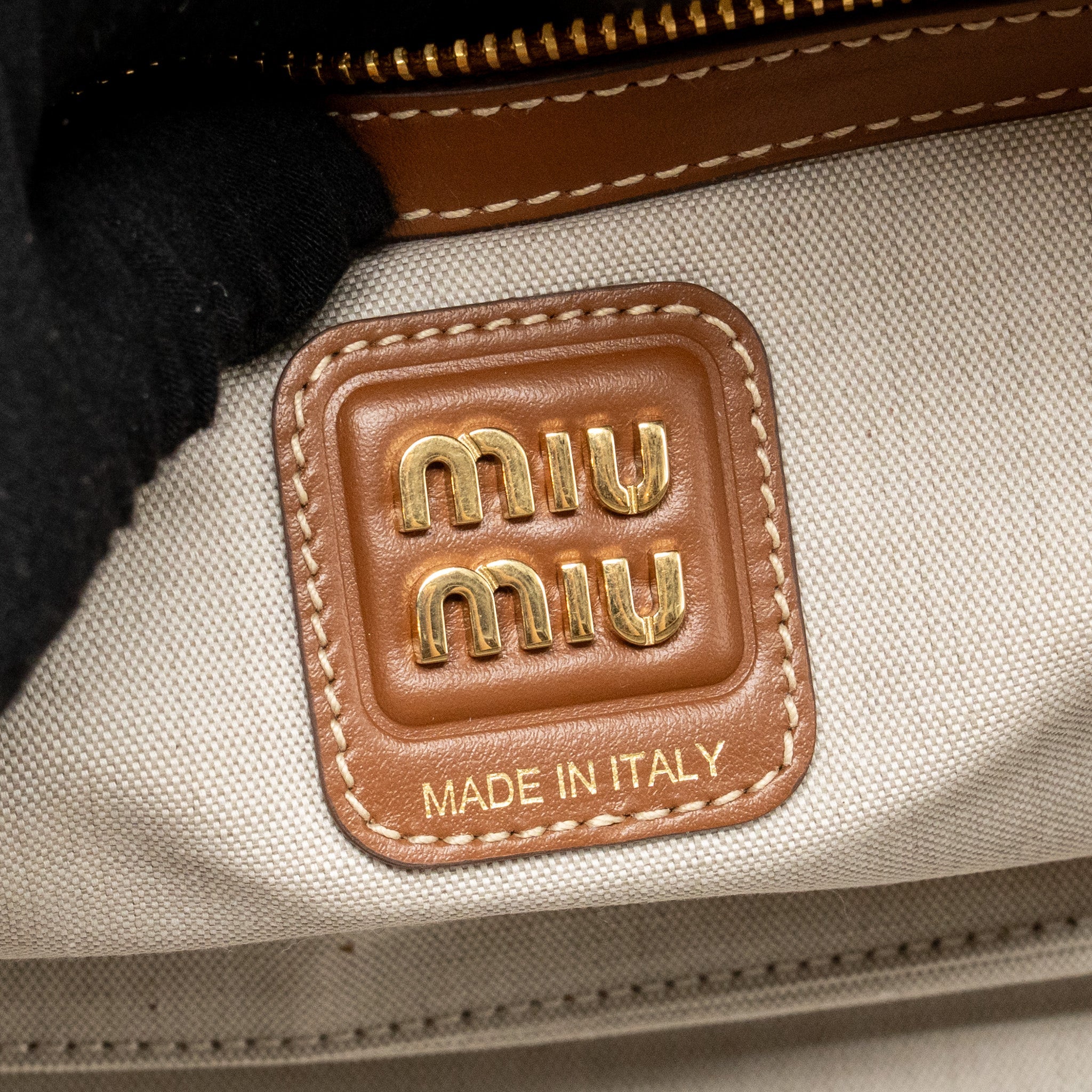 MIU MIU BEAU BAG CANVAS/ LEATHER BEIGE/ BRANDY GHW