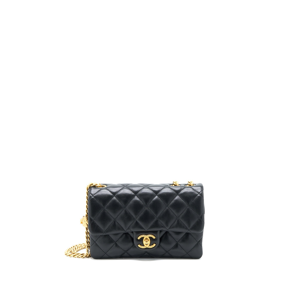 CHANEL 22K GOLD PILLAR ADJUSTABLE CHAIN FLAP BAG LAMBSKIN BLACK BRUSHED GHW (MICROCHIP)
