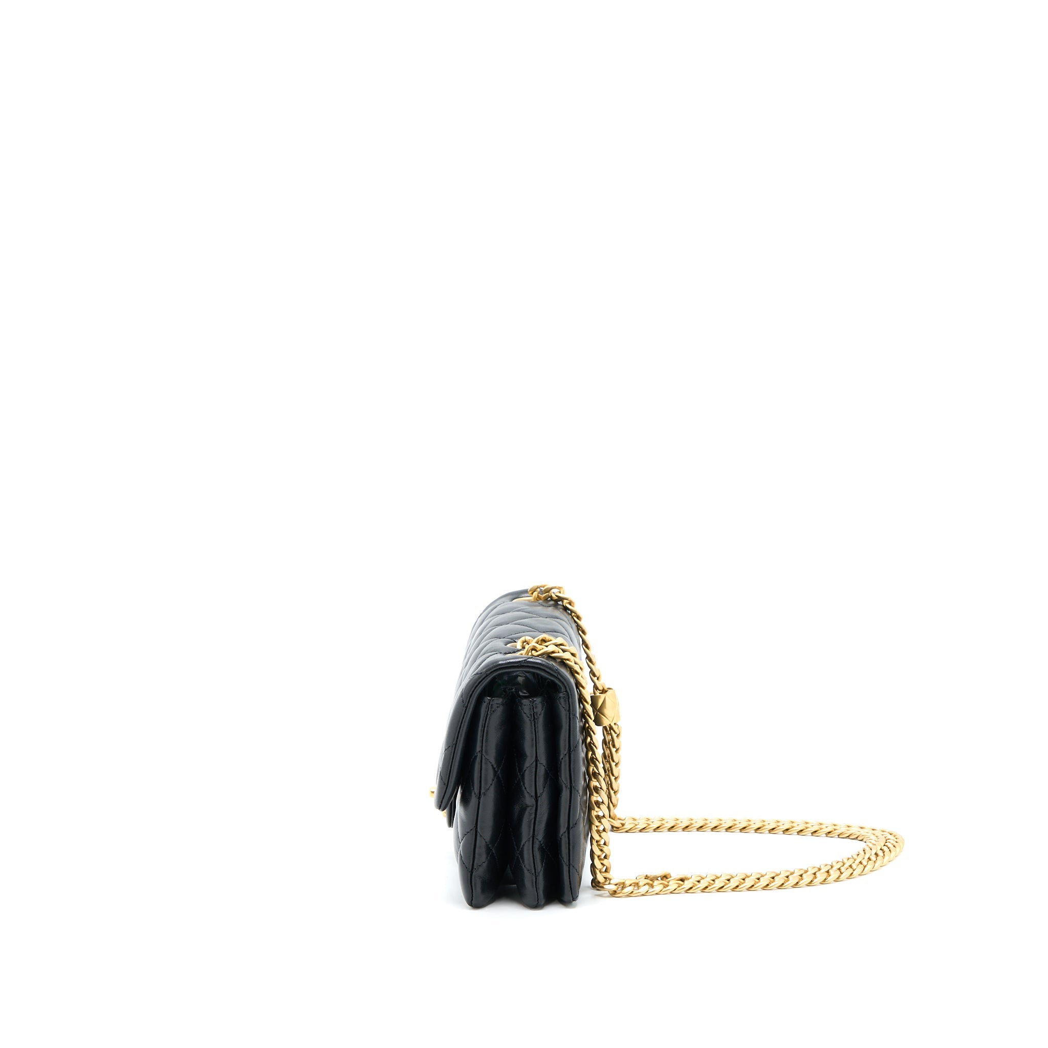 CHANEL 22K GOLD PILLAR ADJUSTABLE CHAIN FLAP BAG LAMBSKIN BLACK BRUSHED GHW (MICROCHIP)