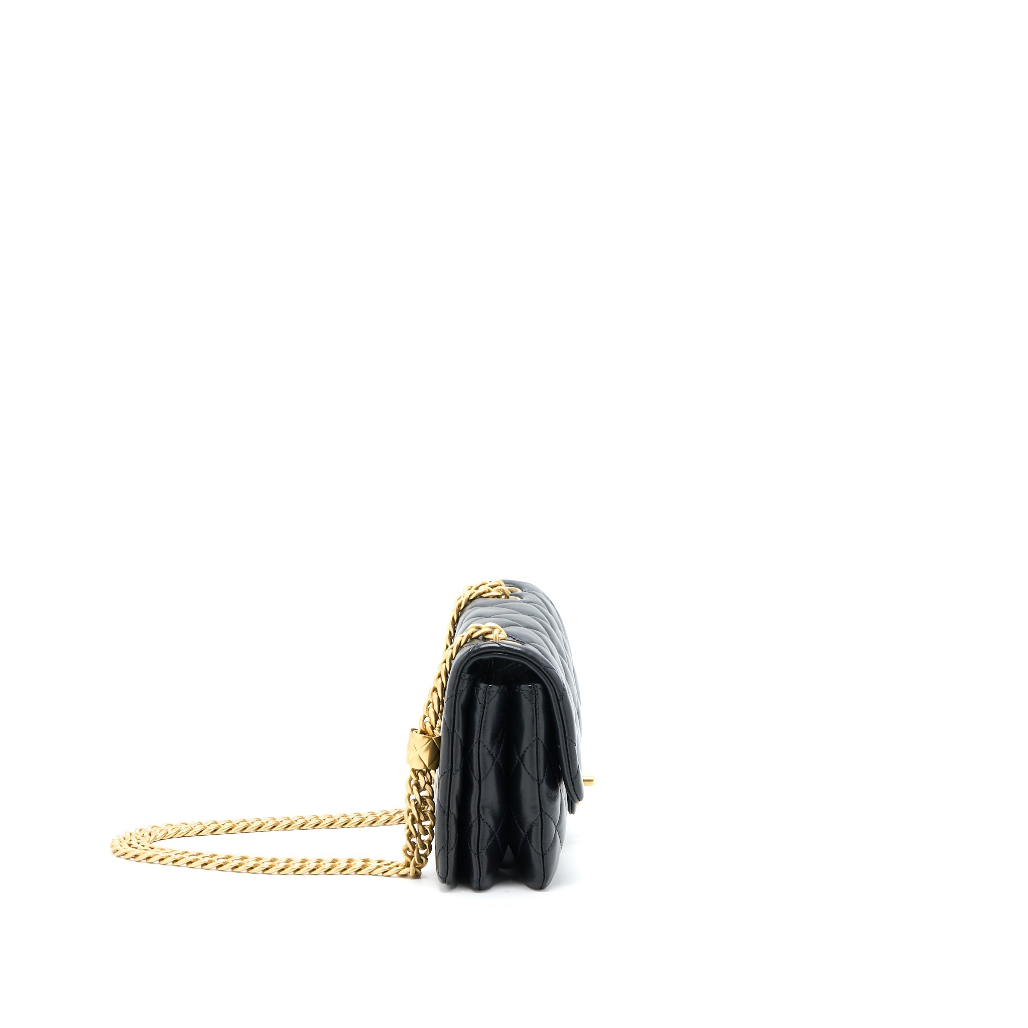 CHANEL 22K GOLD PILLAR ADJUSTABLE CHAIN FLAP BAG LAMBSKIN BLACK BRUSHED GHW (MICROCHIP)