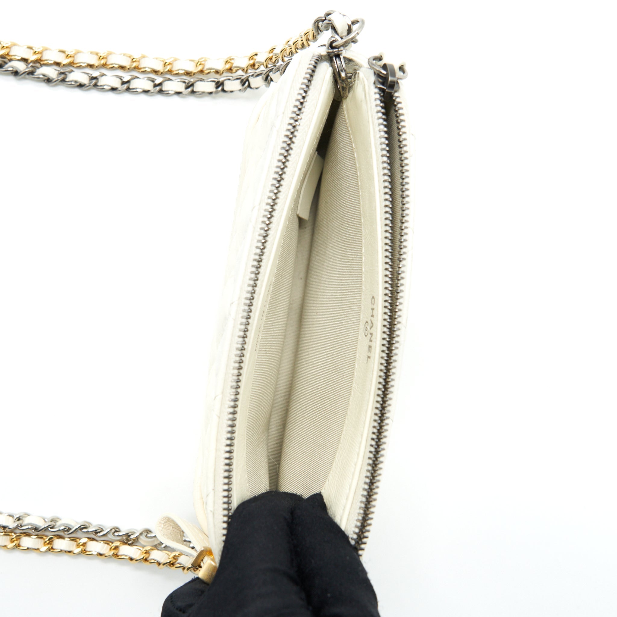 CHANEL GABRIELLE CLUTCH ON CHAIN AGED CALFSKIN WHITE WITH SILVER AND GOLD HARDWARE