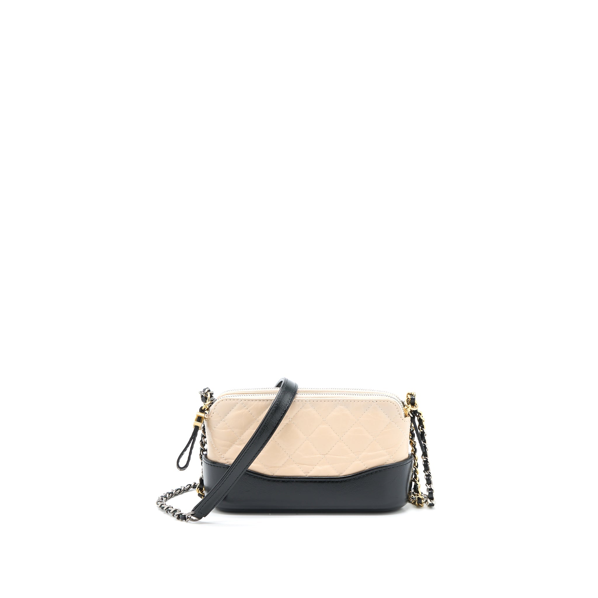 CHANEL GABRIELLE DOUBLE ZIP WALLET ON CHAIN AGED CALFSKIN BLACK/BEIGE MULTICOLOURED HARDWARE