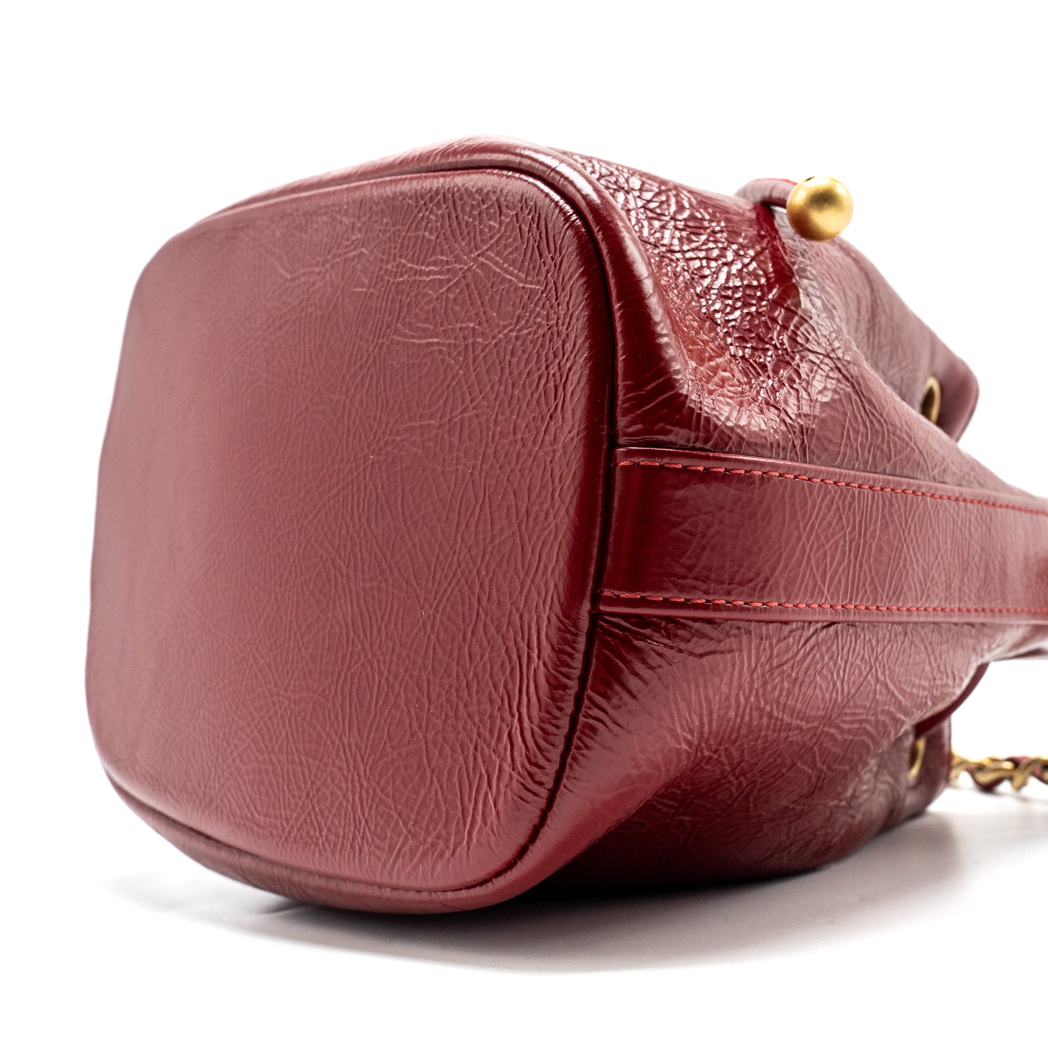 CHANEL CC DRAWSTRING MINI BUCKET BAG SHINY AGED CALFSKIN RED GHW