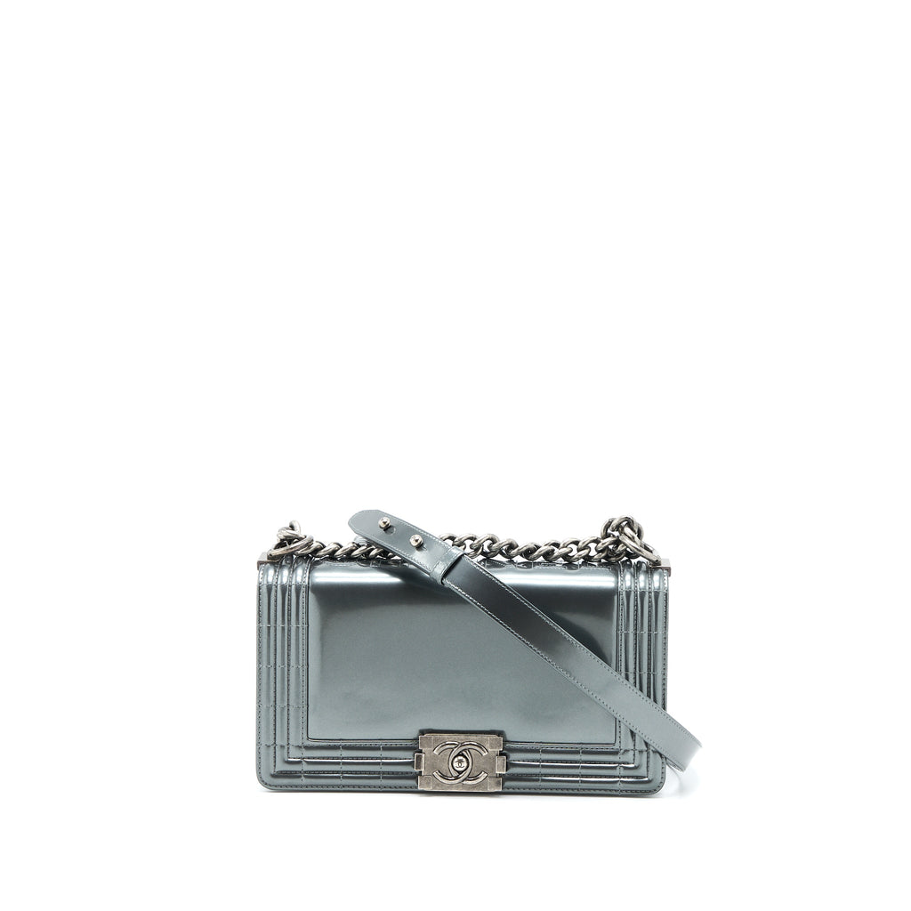 CHANEL MEDIUM BOY BAG PATENT GREY RUTHENIUM SHW
