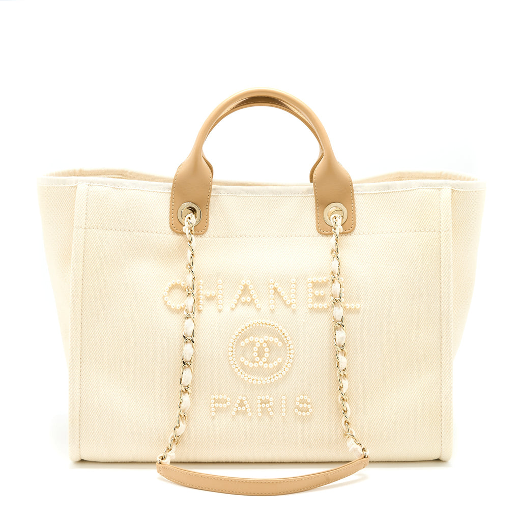 CHANEL DEAUVILLE TOTE BAG FABRIC/LEATHER CREAMY WHITE/BEIGE GHW