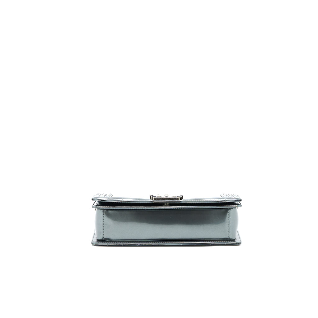 CHANEL MEDIUM BOY BAG PATENT GREY RUTHENIUM SHW