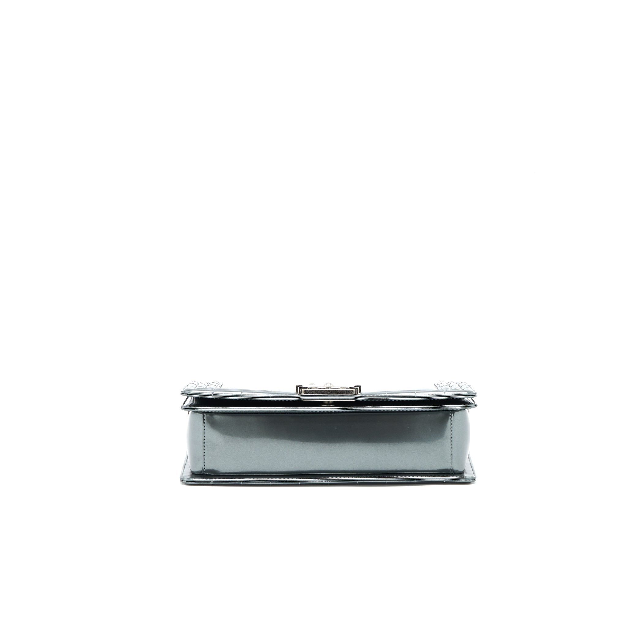 CHANEL MEDIUM BOY BAG PATENT GREY RUTHENIUM SHW