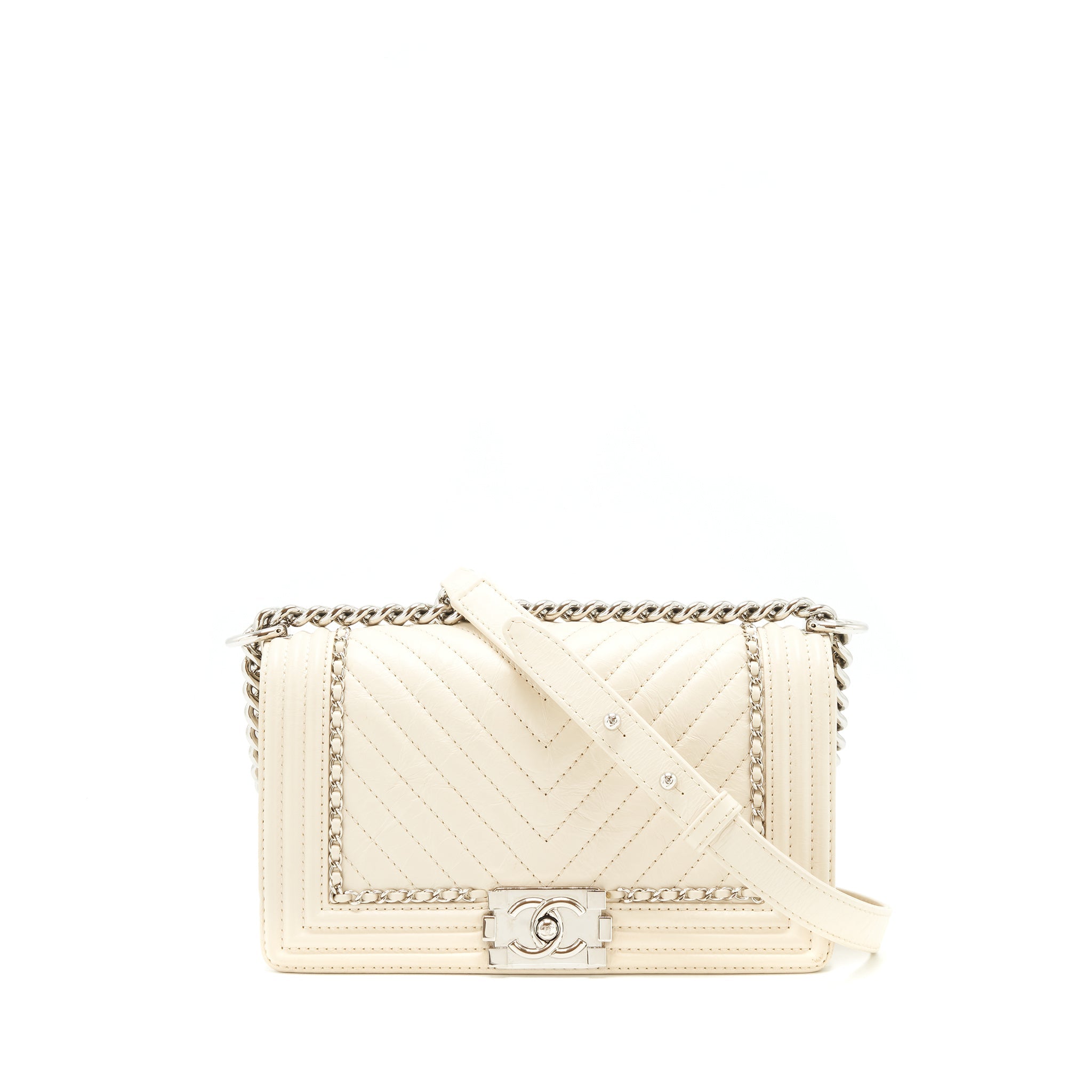 CHANEL MEDIUM BOY BAG CHEVRON LIMITED CALFSKIN IVORY SHW
