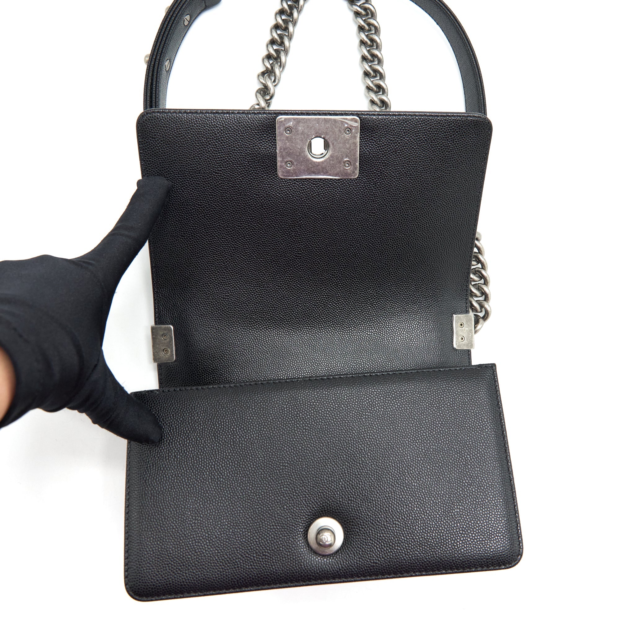 CHANEL SMALL BOY BAG CAVIAR BLACK RUTHENIUM SLIVER HARDWARE (MICROCHIP）
