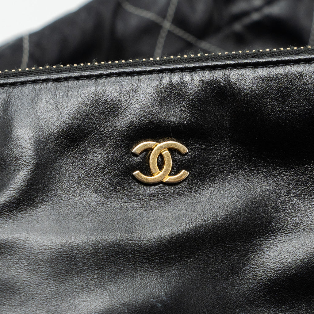 CHANEL SMALL 22 BAG GOLD LETTER SHINY CALFSKIN BLACK BRUSHED GHW(MICROCHIP)