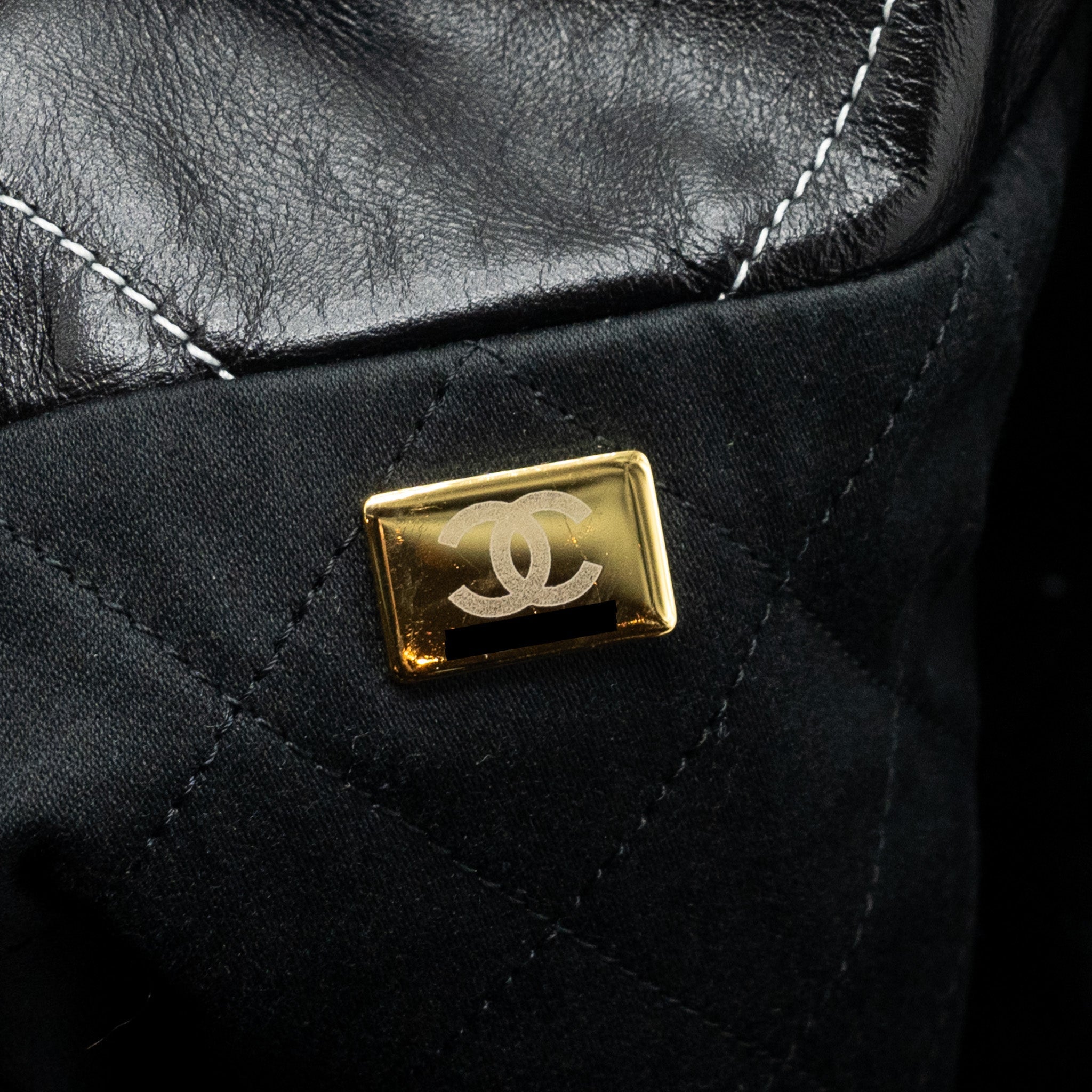 CHANEL SMALL 22 BAG GOLD LETTER SHINY CALFSKIN BLACK BRUSHED GHW(MICROCHIP)