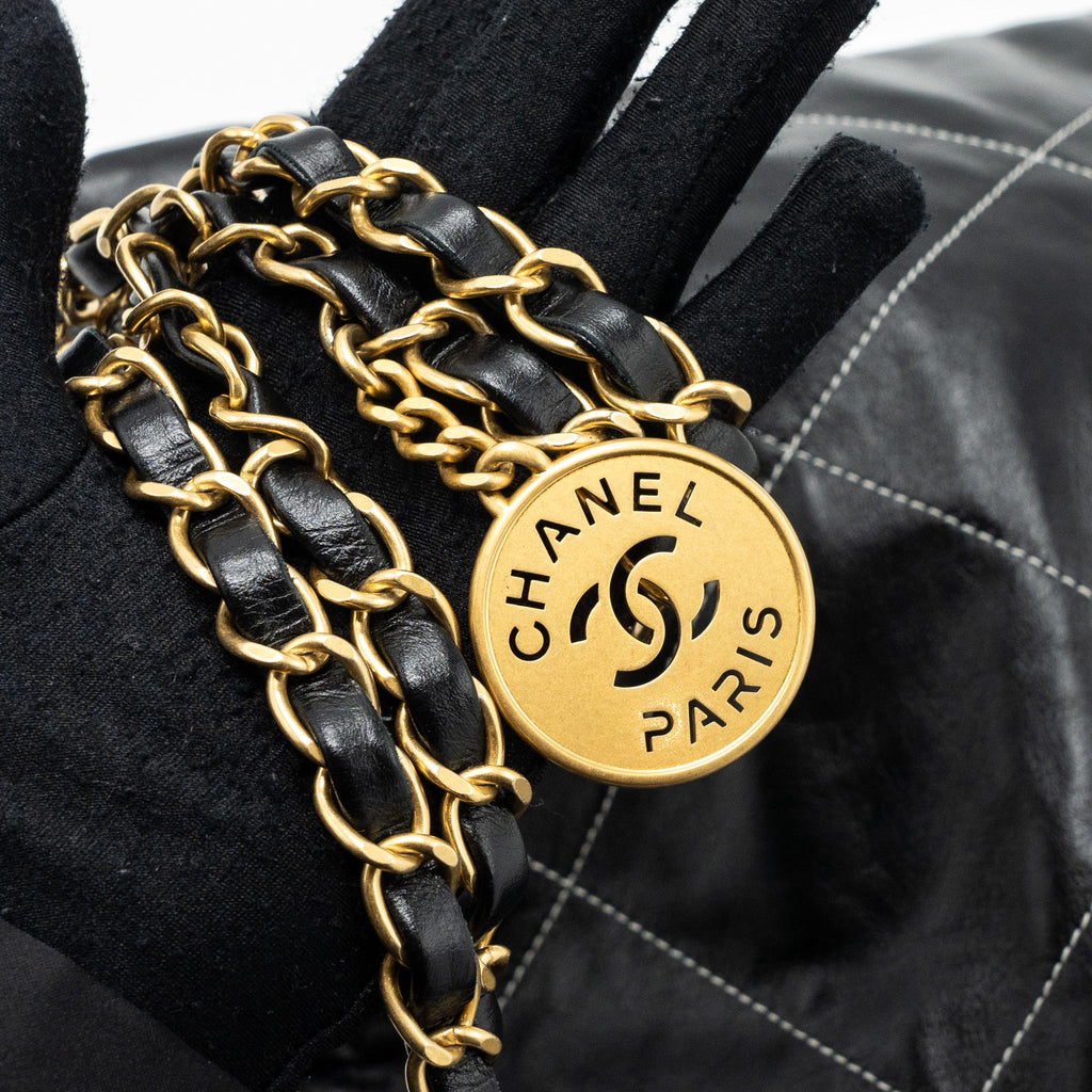 CHANEL SMALL 22 BAG GOLD LETTER SHINY CALFSKIN BLACK BRUSHED GHW(MICROCHIP)