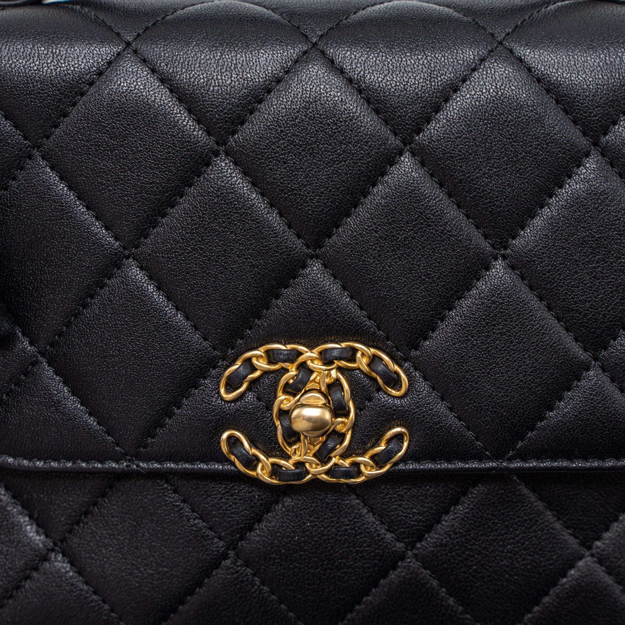 CHANEL TOP HANDLE FLAP BAG DETAILED LOGO GOATSKIN BLACK GHW