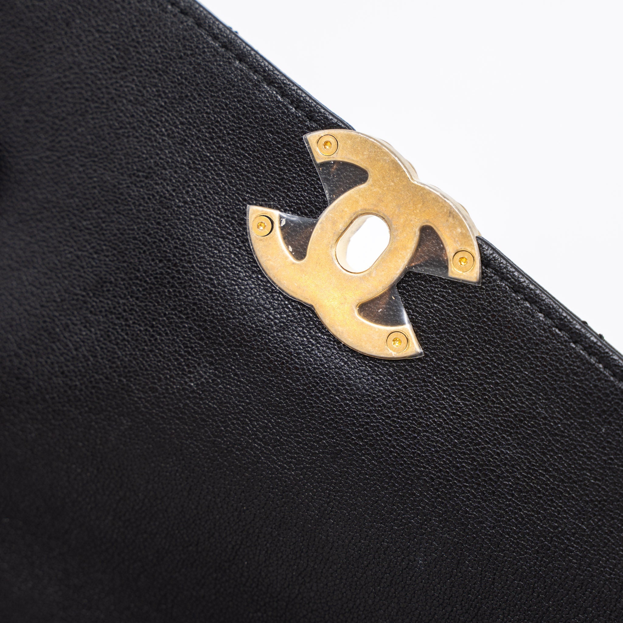 CHANEL TOP HANDLE FLAP BAG DETAILED LOGO GOATSKIN BLACK GHW