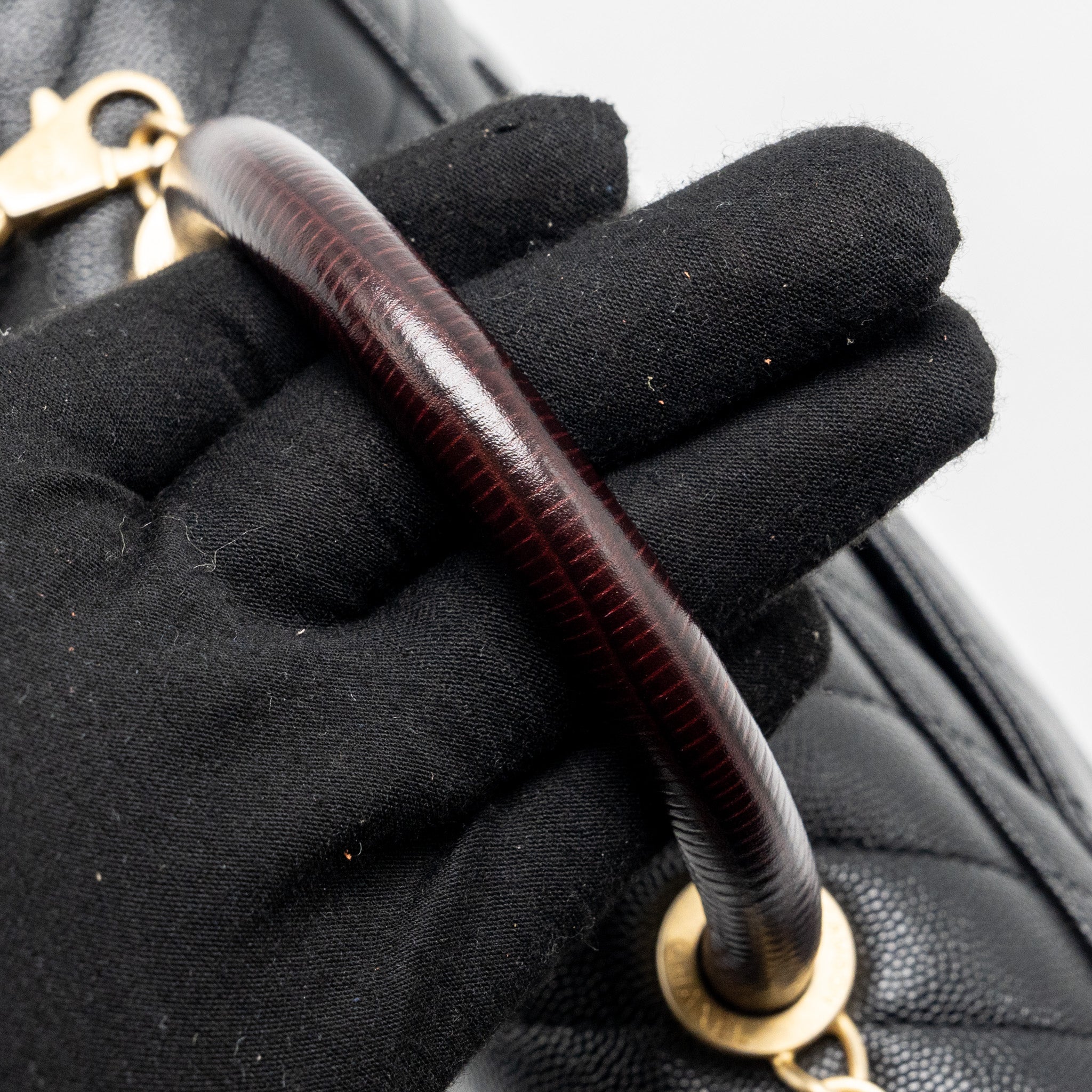 CHANEL SMALL COCO HANDLE CHEVRON CAVIAR WITH LIZARD EMBOSSED HANDLE BLACK/ BURGUNDY GHW
