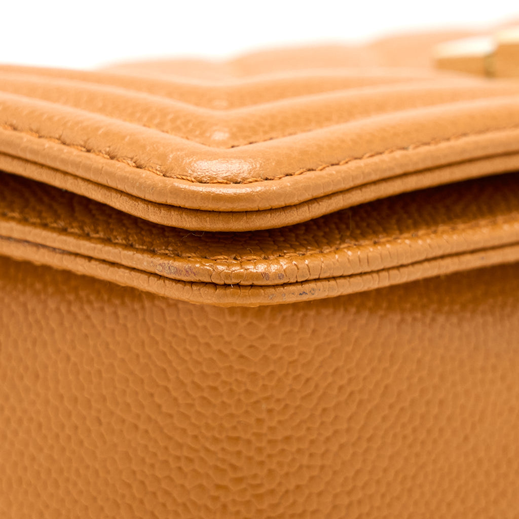 CHANEL SMALL BOY BAG CAVIAR 21A NC630 CARAMEL LGHW (MICROCHIP)