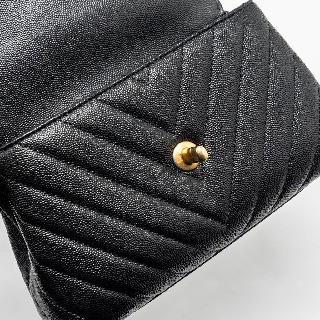 CHANEL SMALL COCO HANDLE CHEVRON CAVIAR WITH LIZARD EMBOSSED HANDLE BLACK/ BURGUNDY GHW