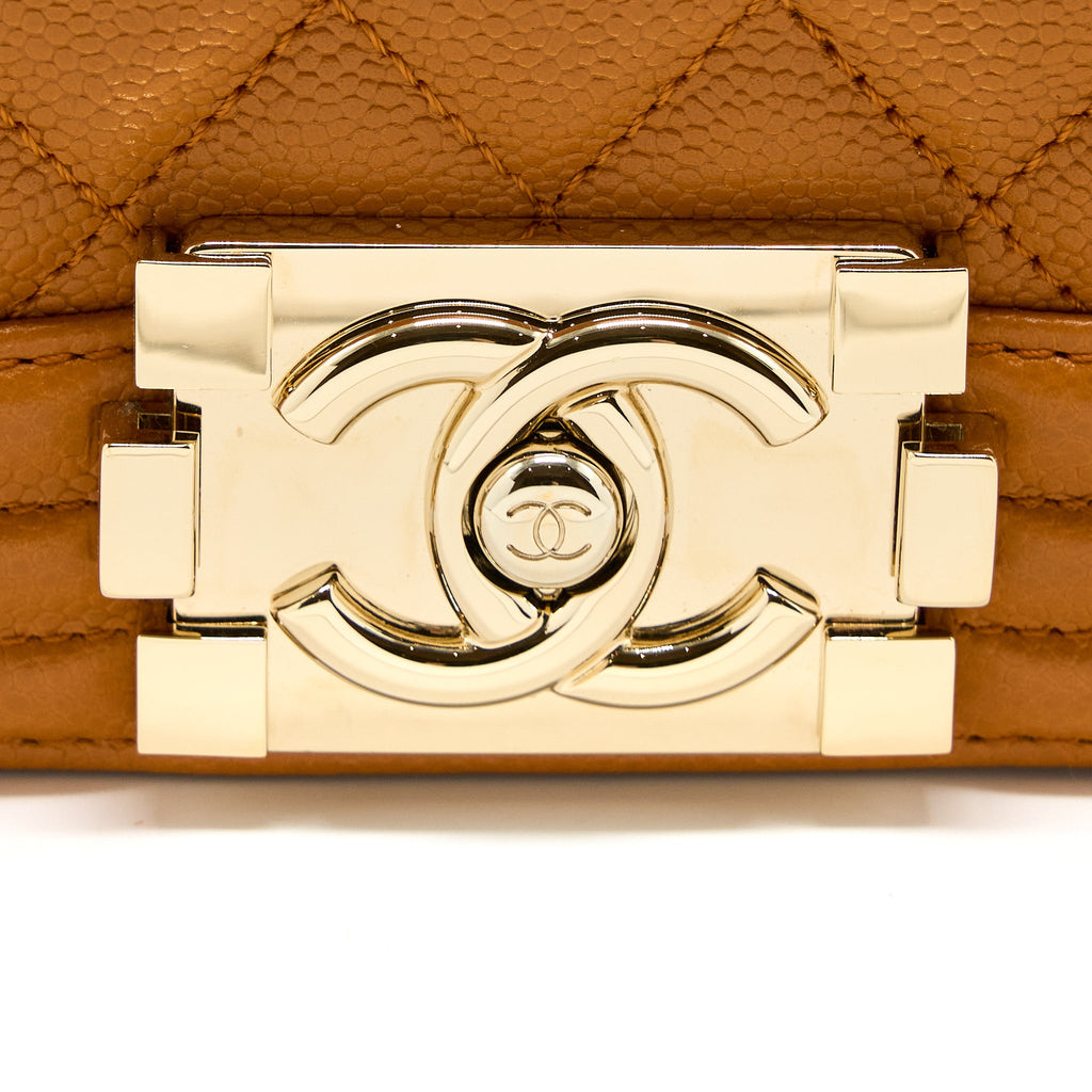 CHANEL SMALL BOY BAG CAVIAR 21A NC630 CARAMEL LGHW (MICROCHIP)
