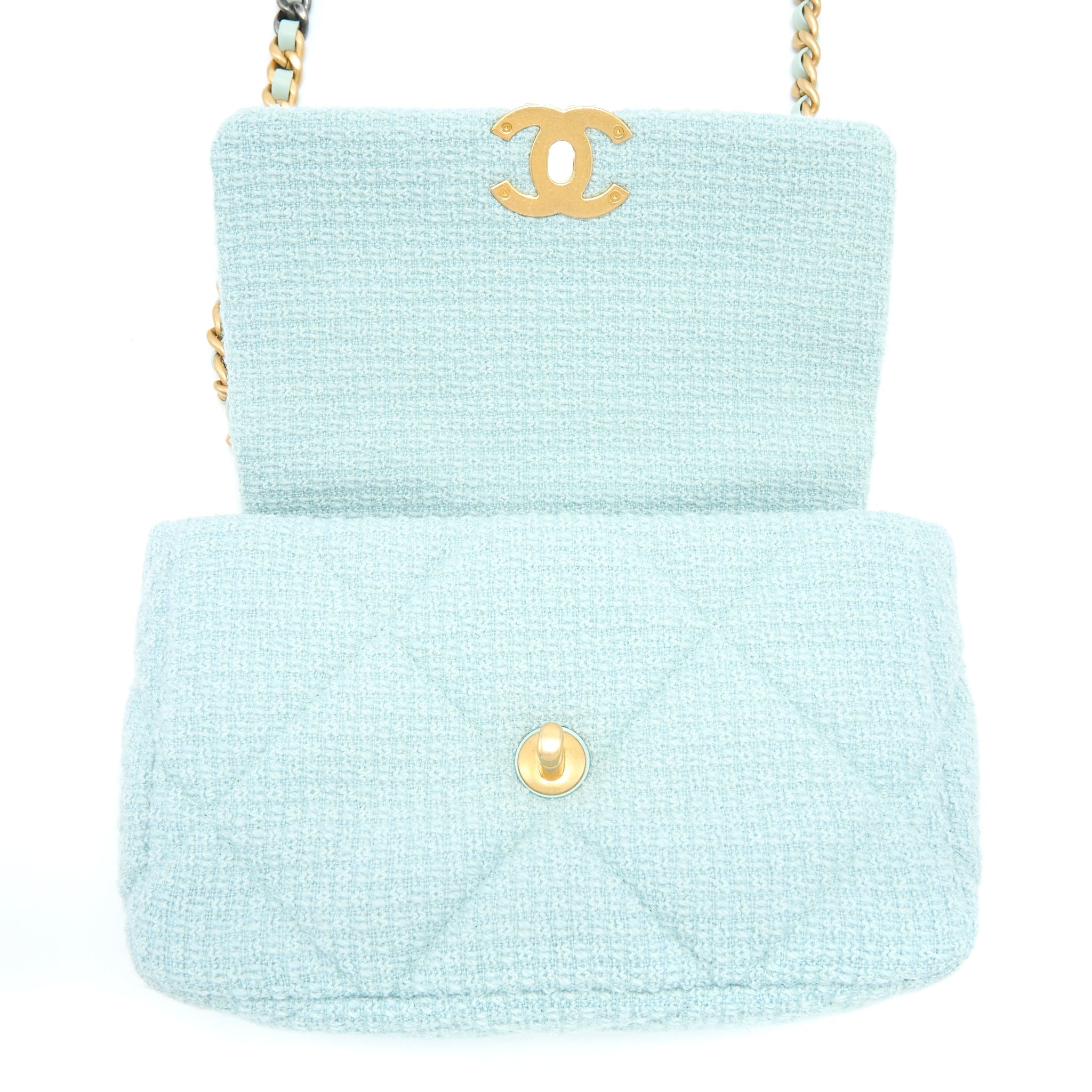 CHANEL 22B SMALL 19 BAG TWEED LIGHT GREEN MULTICOLOUR HARDWARE (MICORCHIP)