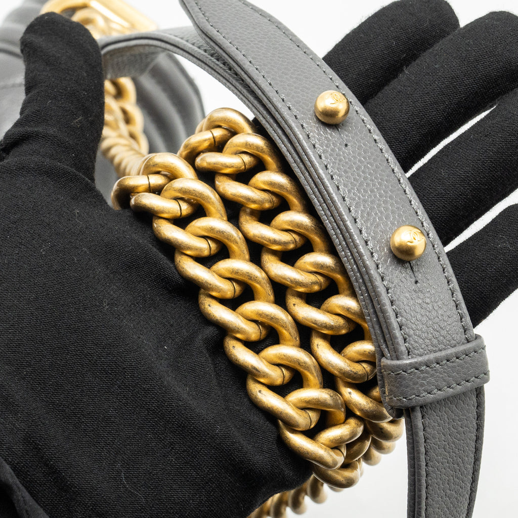 CHANEL SMALL BOY BAG CAVIAR DARK GREY GHW (MICROCHIP)