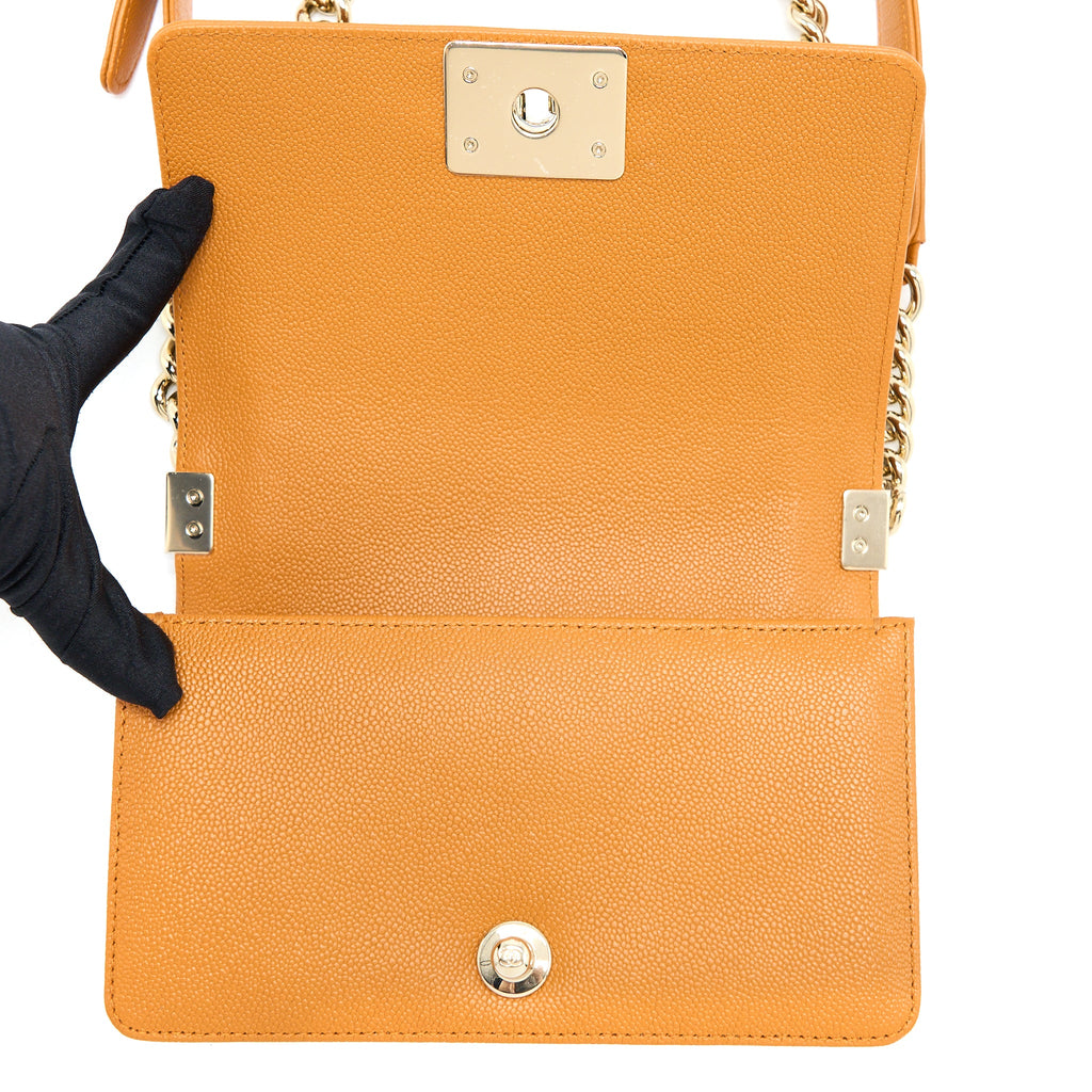CHANEL SMALL BOY BAG CAVIAR 21A NC630 CARAMEL LGHW (MICROCHIP)