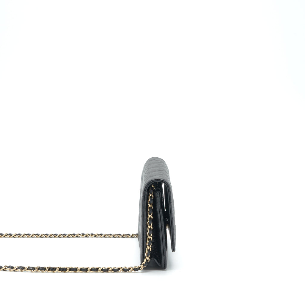CHANEL 22S DETAILED CC LOGO WALLET ON CHAIN CAVIAR BLACK LGHW (MICROCHIP)