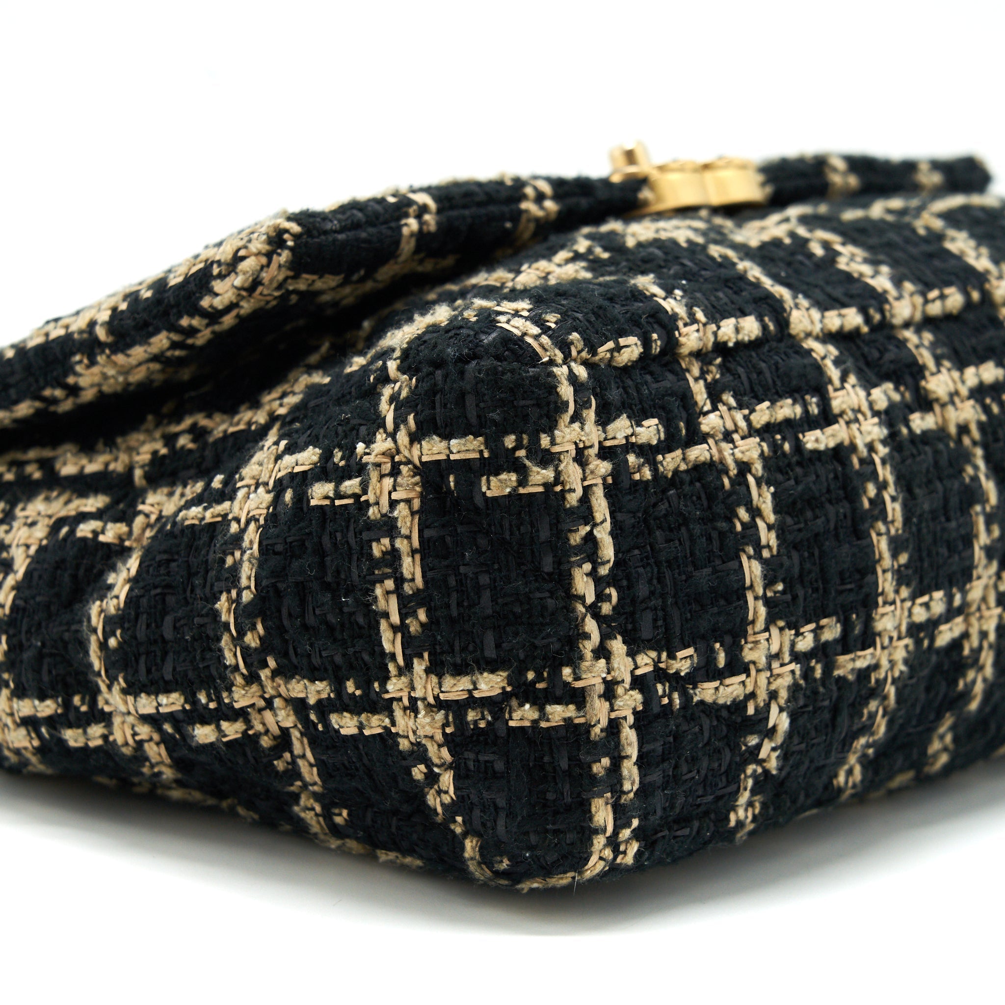 CHANEL TWEED SMALL 19 FLAP BAG BLACK/ GOLD WITH GOLD AND SILVER HARDWARE