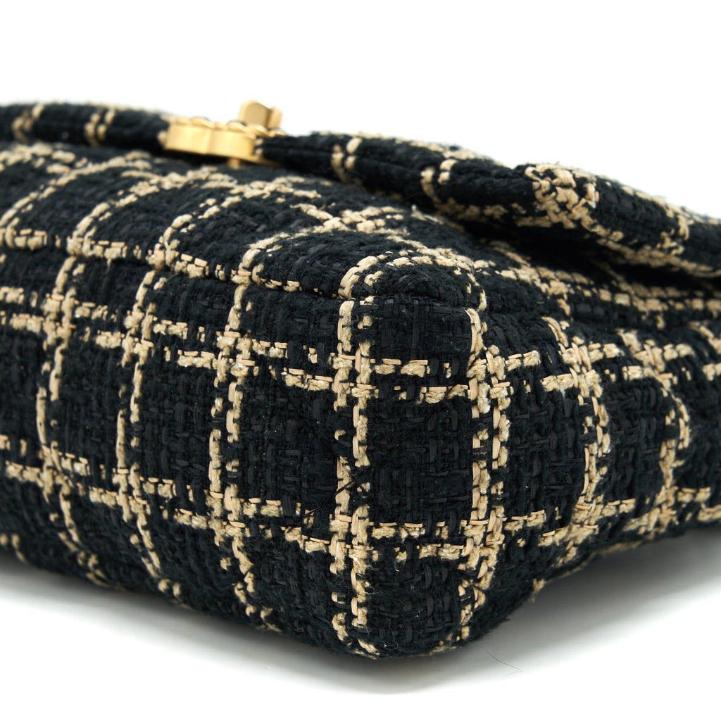 CHANEL TWEED SMALL 19 FLAP BAG BLACK/ GOLD WITH GOLD AND SILVER HARDWARE