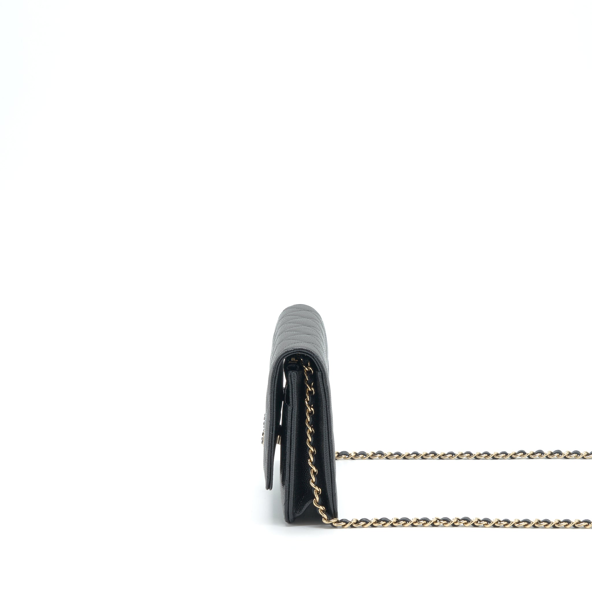 CHANEL 22S DETAILED CC LOGO WALLET ON CHAIN CAVIAR BLACK LGHW (MICROCHIP)