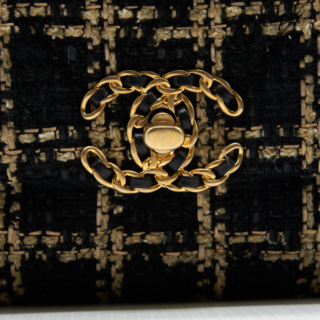 CHANEL TWEED SMALL 19 FLAP BAG BLACK/ GOLD WITH GOLD AND SILVER HARDWARE