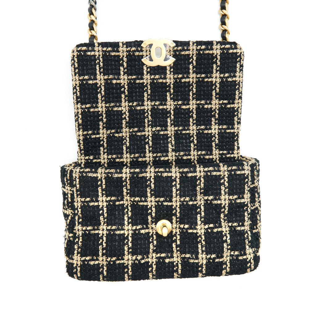 CHANEL TWEED SMALL 19 FLAP BAG BLACK/ GOLD WITH GOLD AND SILVER HARDWARE