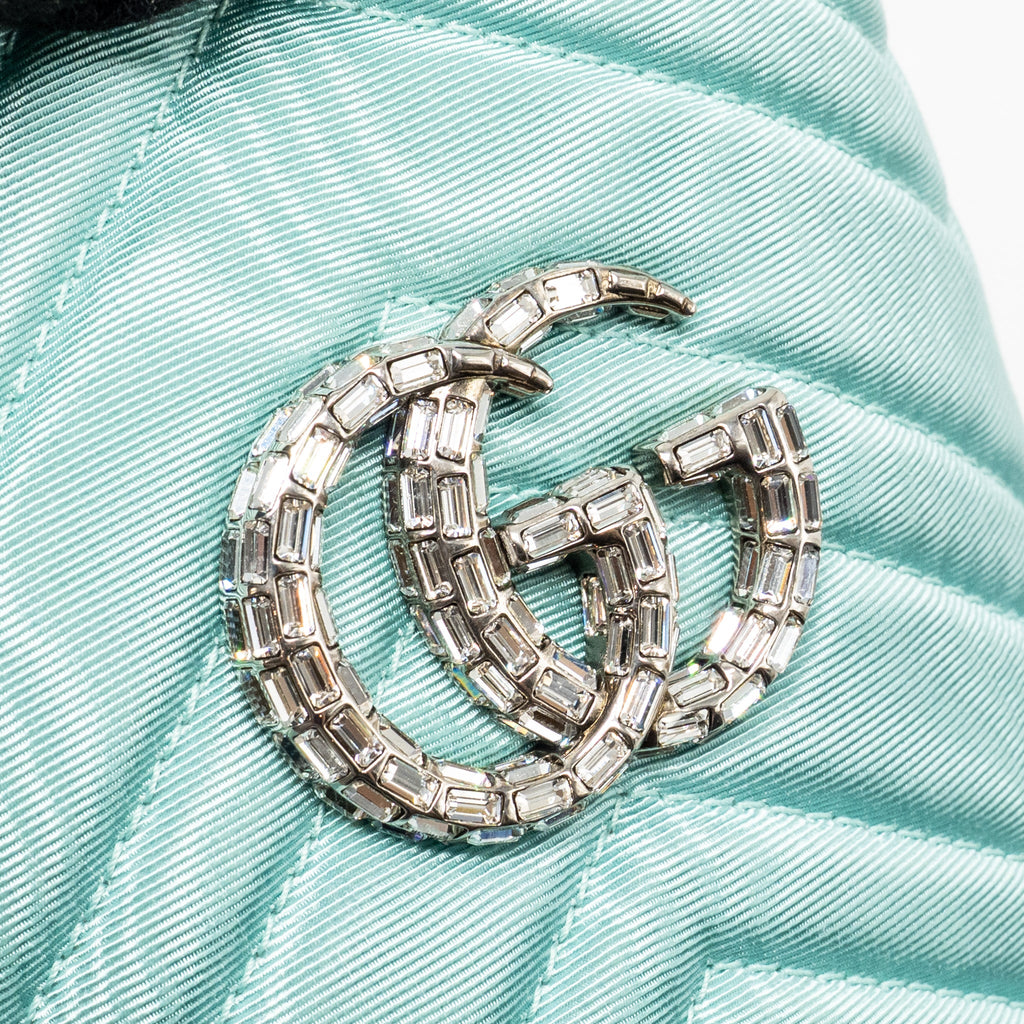 GUCCI GG MARMONT SILK BUCKET CRYSTAL CHAIN BAG FABRIC/ CRYSTAL LIGHT BLUE SHW