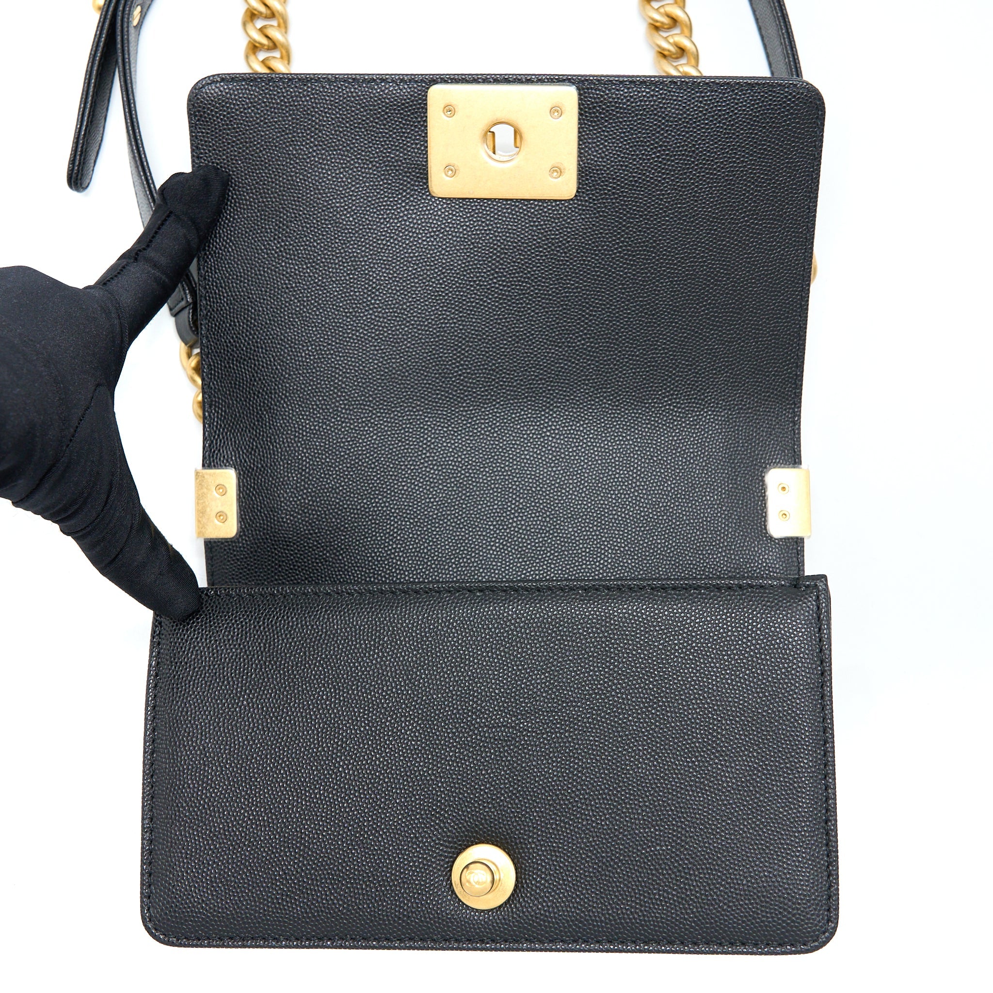 CHANEL SMALL BOY BAG CAVIAR BLACK WITH BRUSHED GHW(MICROCHIP)
