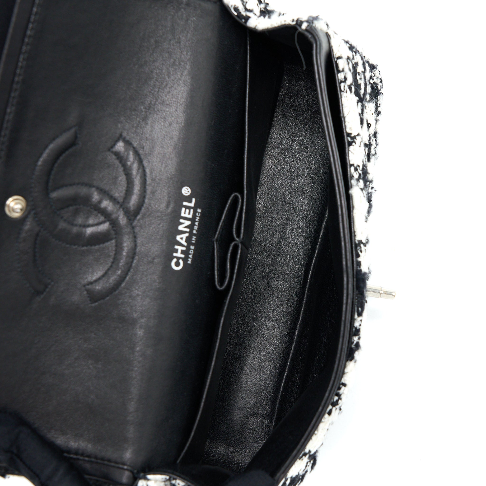 CHANEL CLASSIC DOUBLE FLAP BAG TWEED BLACK/WHITE SHW