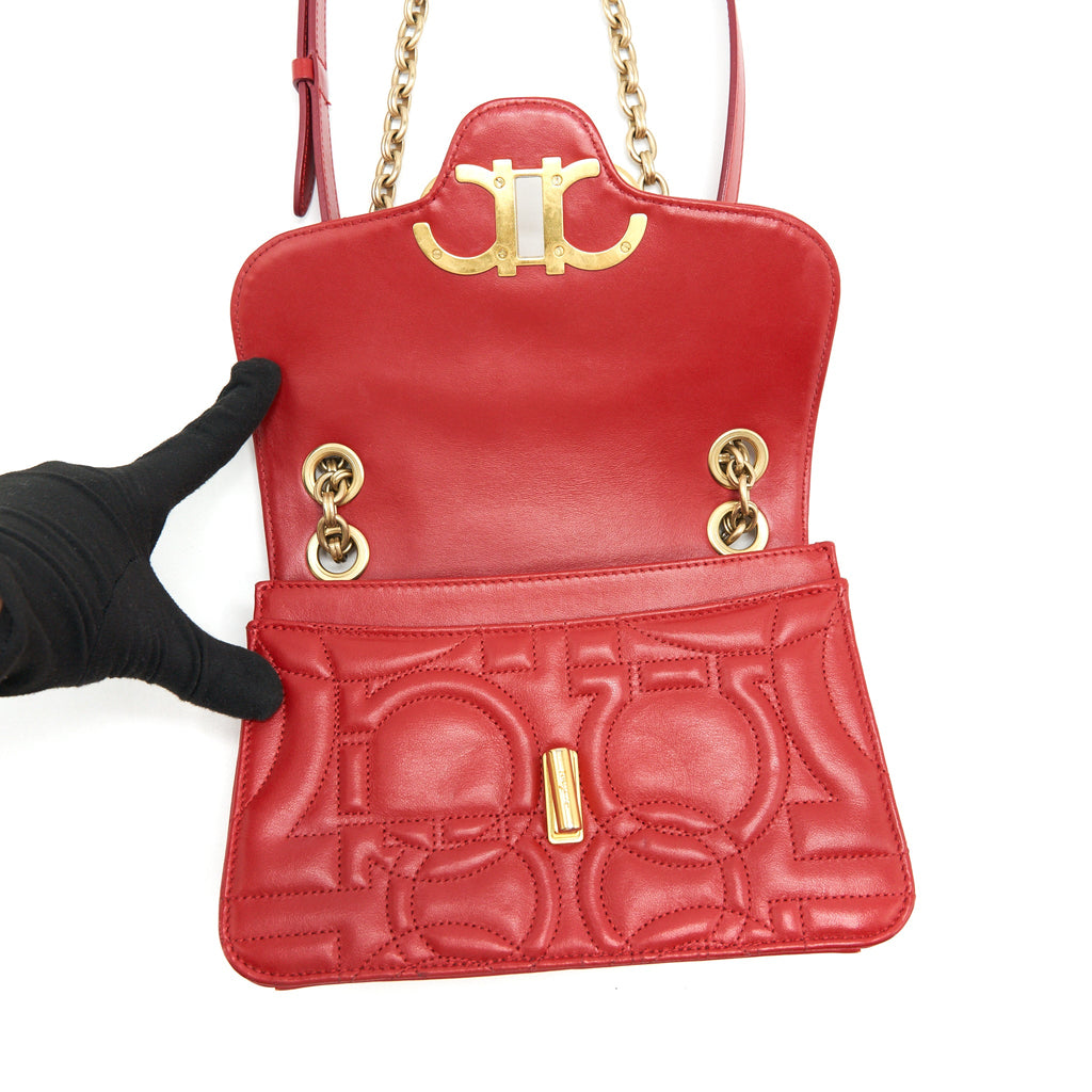 SALVATORE FERRAGAMO GANCINI FLAP BAG CALFSKIN RED GHW