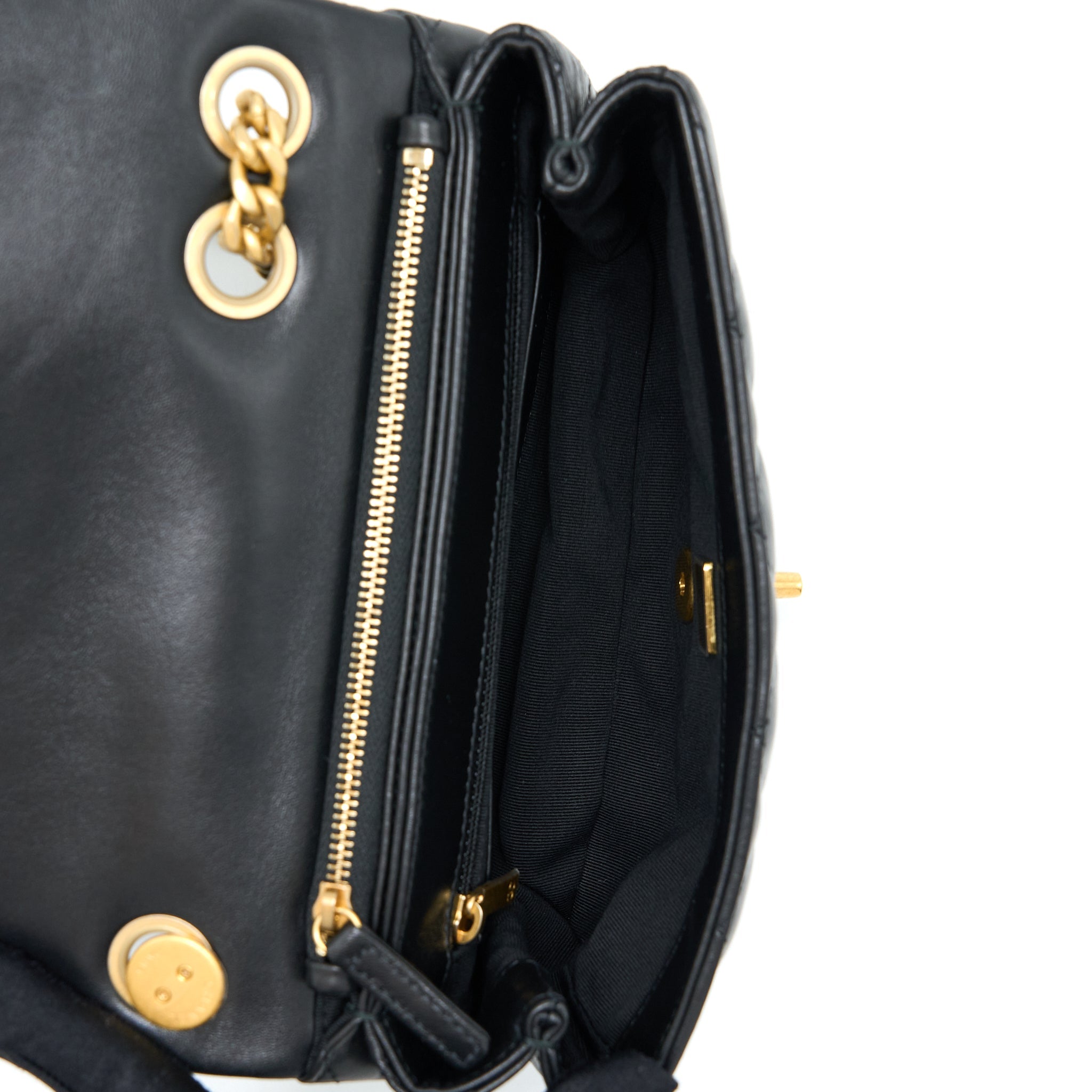 CHANEL 22K GOLD PILLAR ADJUSTMENT CHAIN FLAP BAG LAMBSKIN BLACK GHW (MICROCHIP)