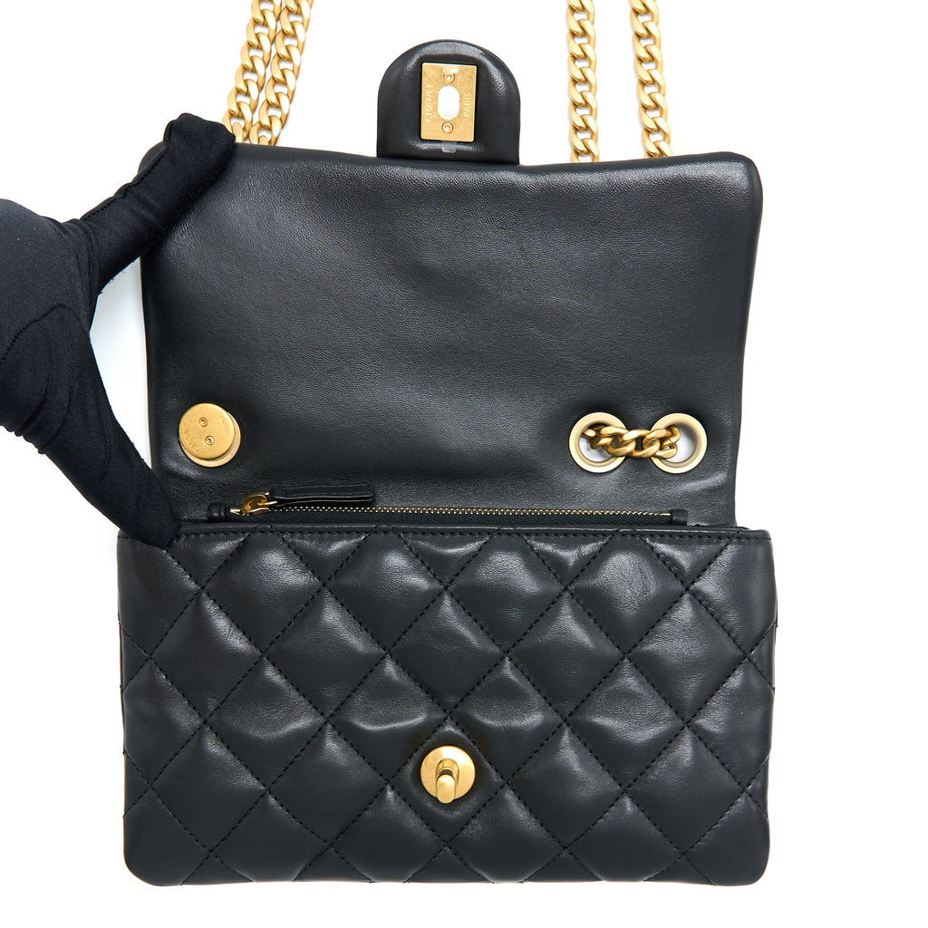 CHANEL 22K GOLD PILLAR ADJUSTMENT CHAIN FLAP BAG LAMBSKIN BLACK GHW (MICROCHIP)