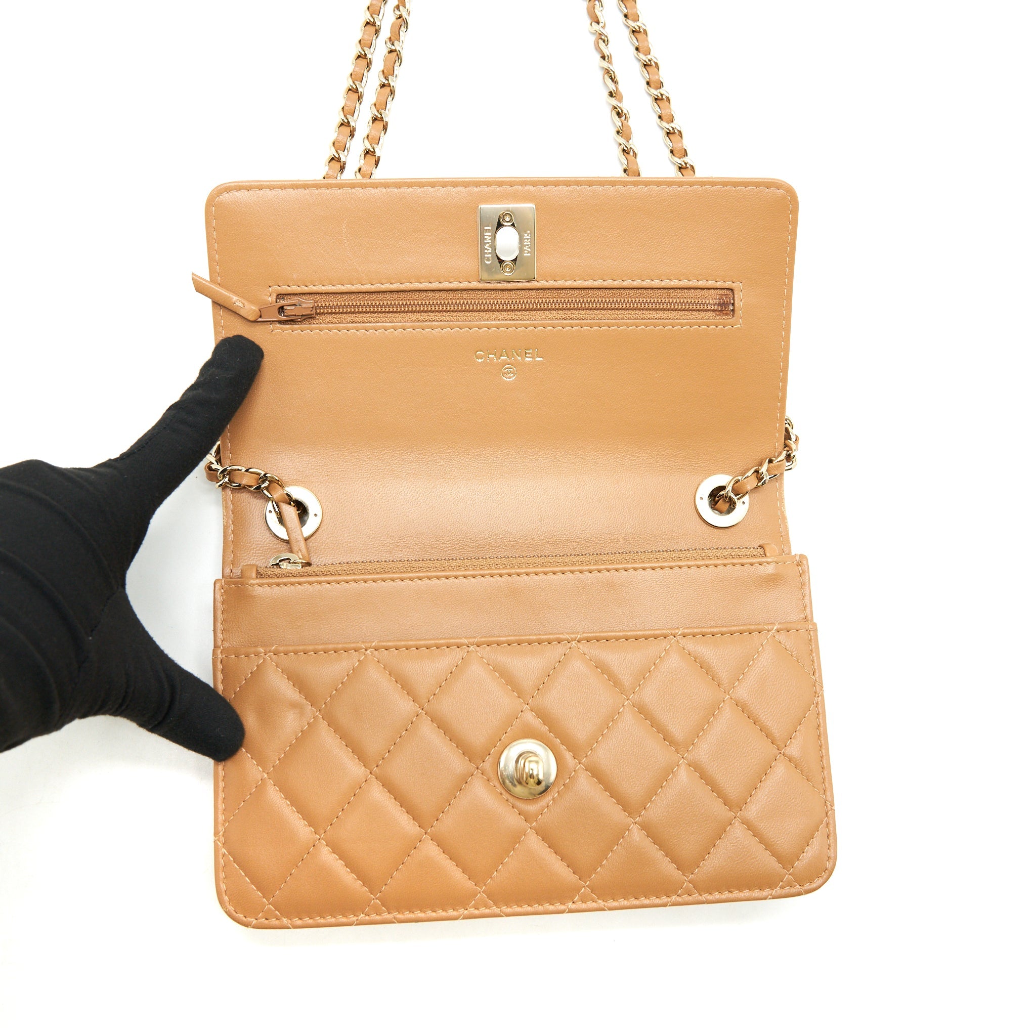 CHANEL TRENDY CC WALLET ON CHAIN LAMBSKIN DARK BEIGE LGHW