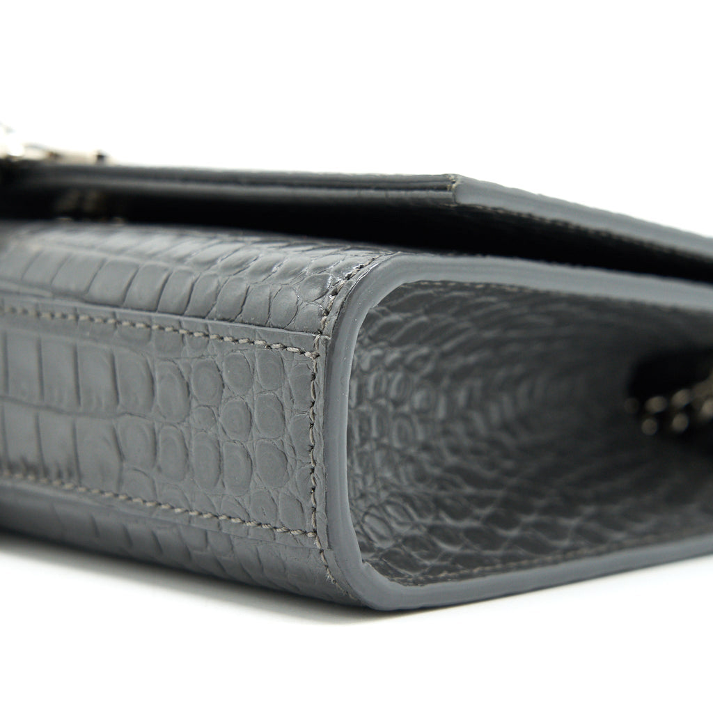 SAINT LAURENT KATE TASSEL CROC EMBOSSED CALFSKIN GREY SHW