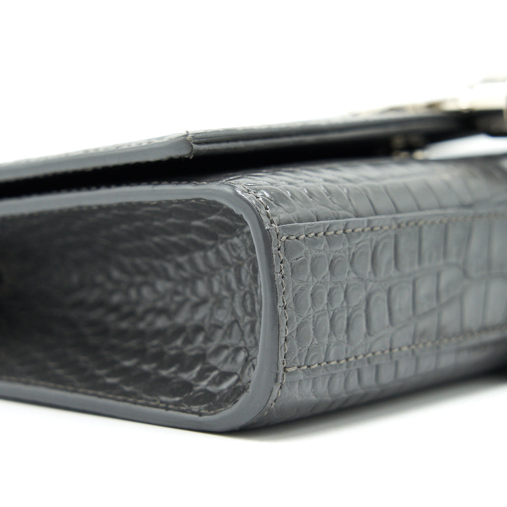 SAINT LAURENT KATE TASSEL CROC EMBOSSED CALFSKIN GREY SHW