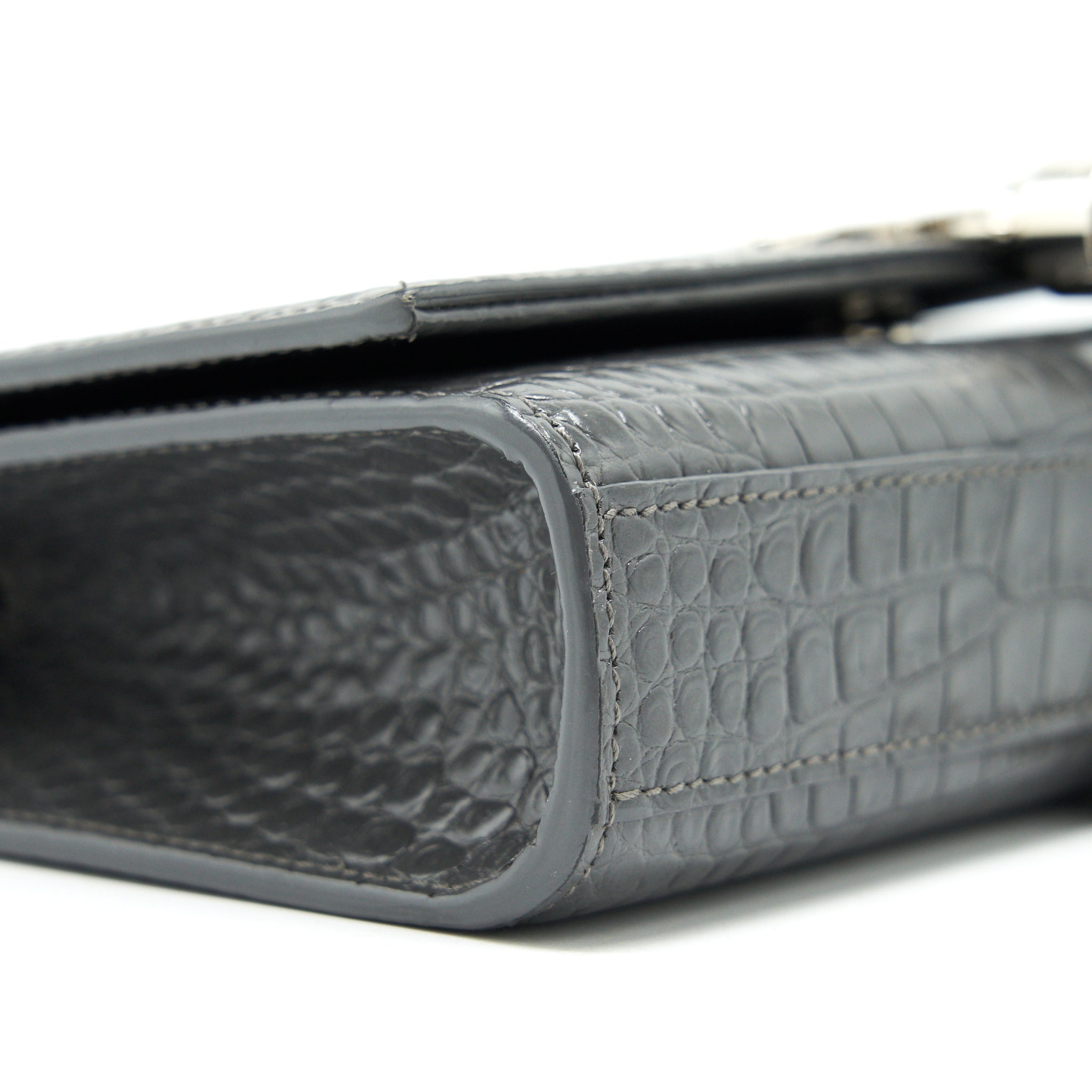 SAINT LAURENT KATE TASSEL CROC EMBOSSED CALFSKIN GREY SHW
