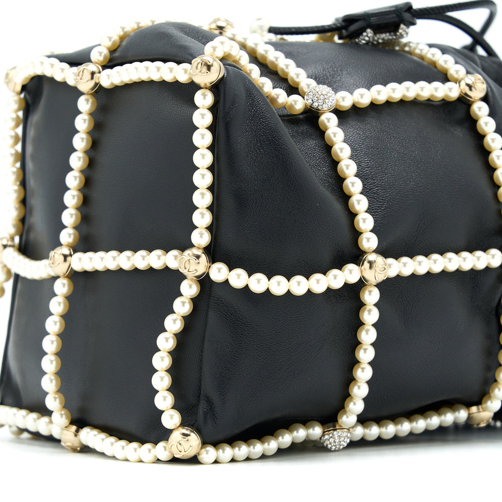 CHANEL BUCKET CRYSTAL CC LOGO PEARL CHAIN BAG LAMBSKIN BLACK SHW