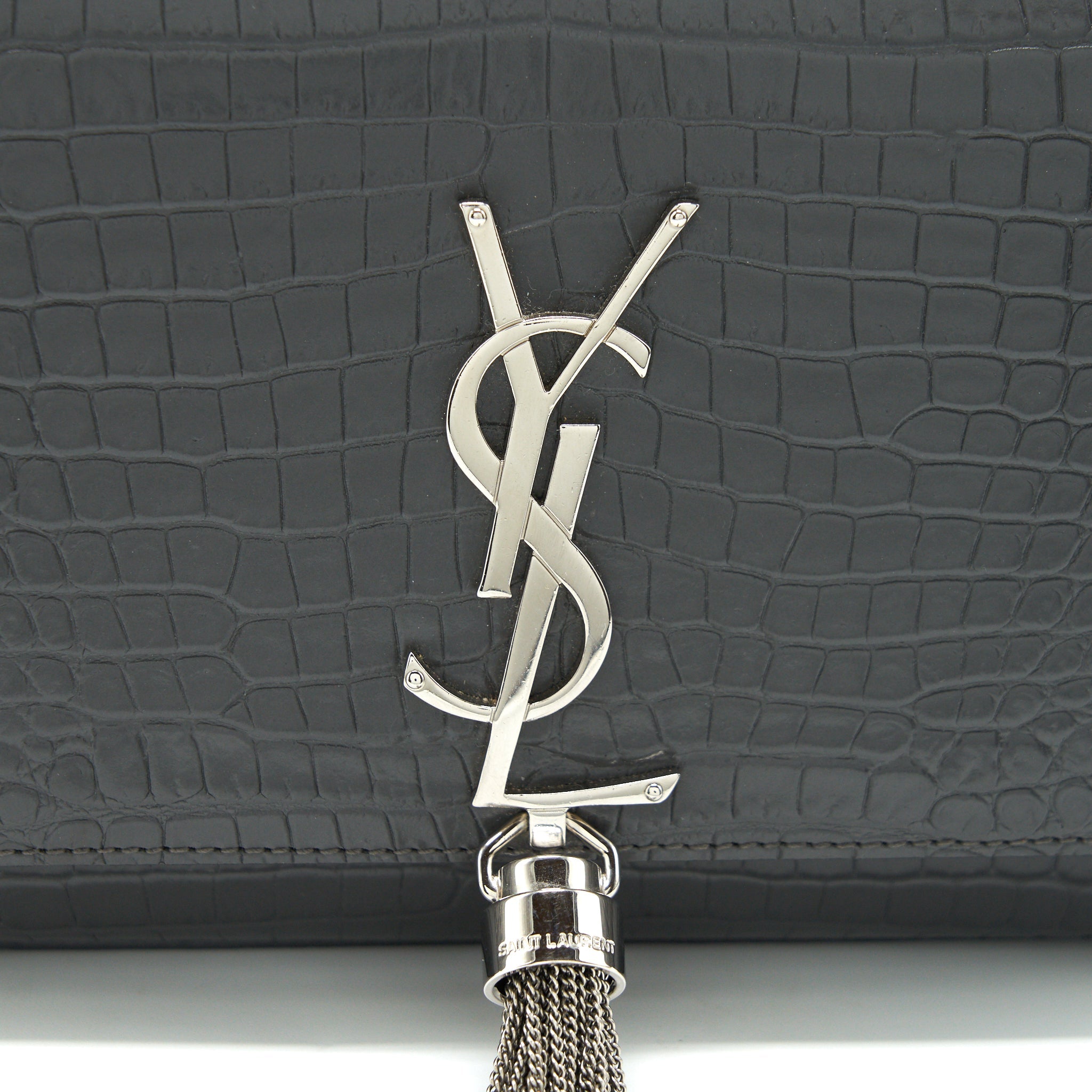 SAINT LAURENT KATE TASSEL CROC EMBOSSED CALFSKIN GREY SHW