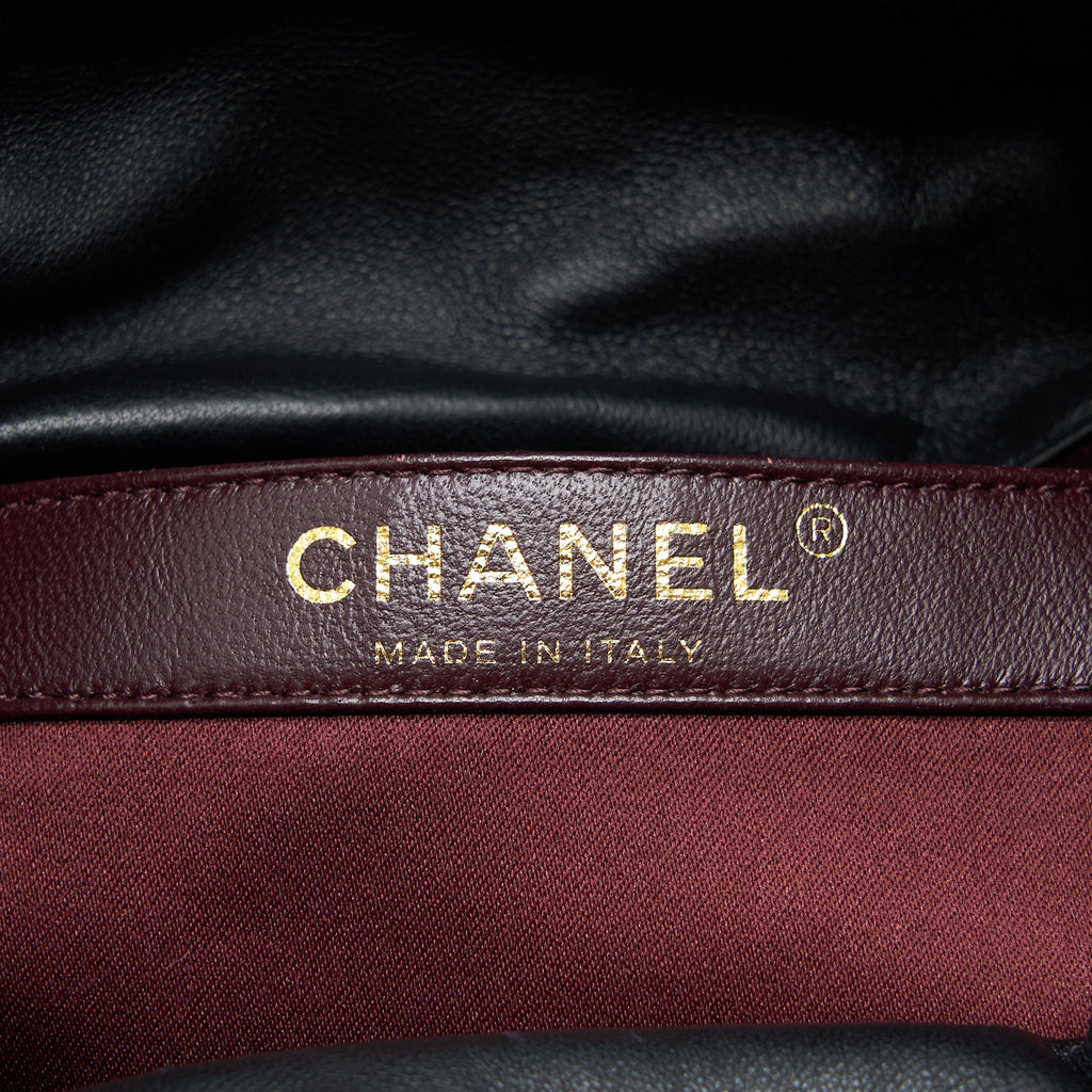 CHANEL BUCKET CRYSTAL CC LOGO PEARL CHAIN BAG LAMBSKIN BLACK SHW
